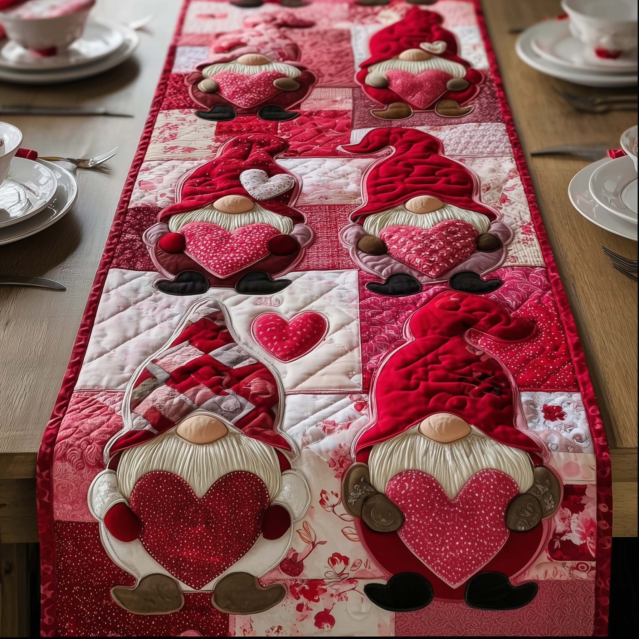Gnomes Holding Red and Pink Hearts Table Runner