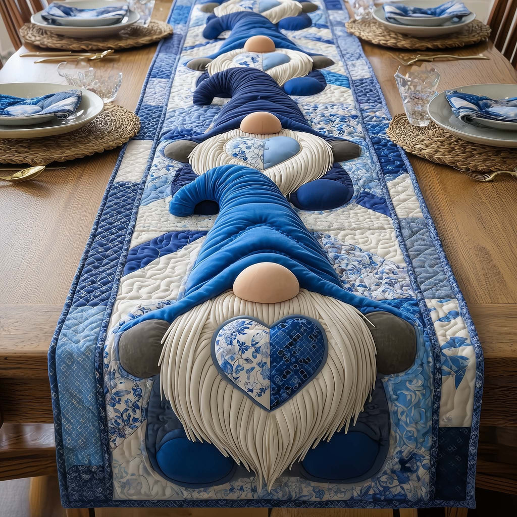Blue Gnome on Blue Patchwork Table Runner