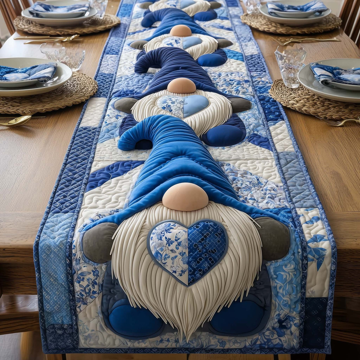 Blue Gnome on Blue Patchwork Table Runner