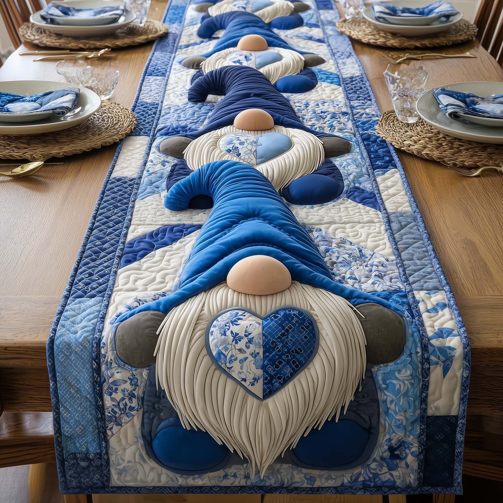 Blue Gnome on Blue Patchwork Table Runner