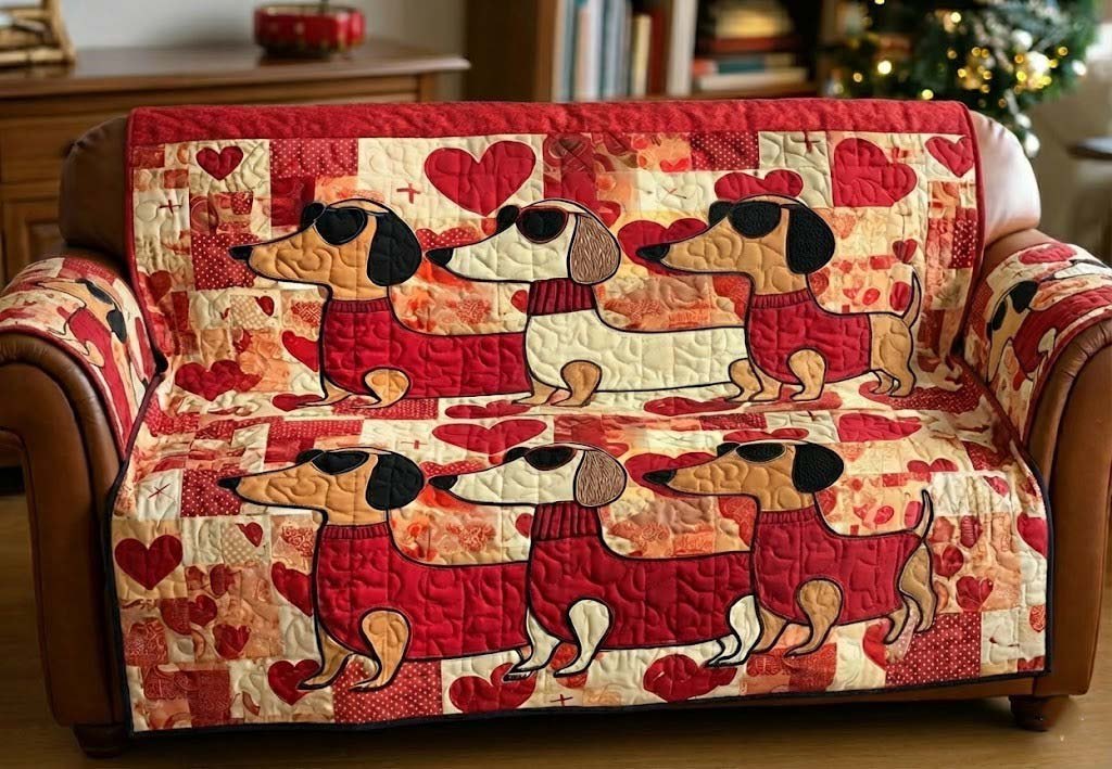 Dachshunds Among Small Red Hearts Sofa Cover