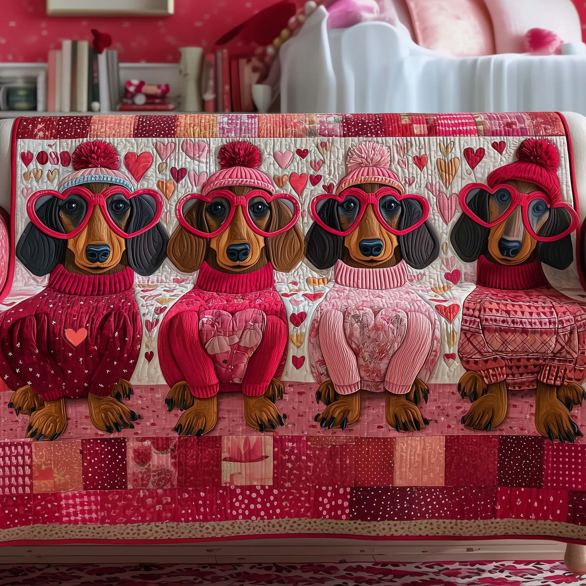 Dachshunds in Pink Sweaters and Heart Glasses Sofa Cover