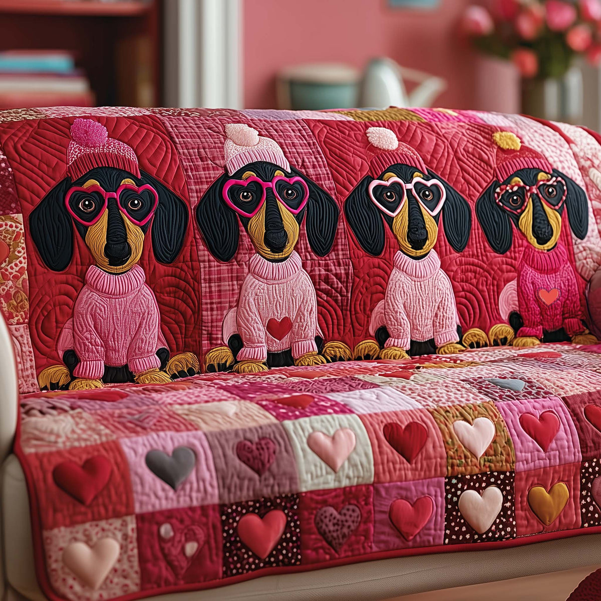 Dachshunds in Pink Sweaters on Hearts Sofa Cover