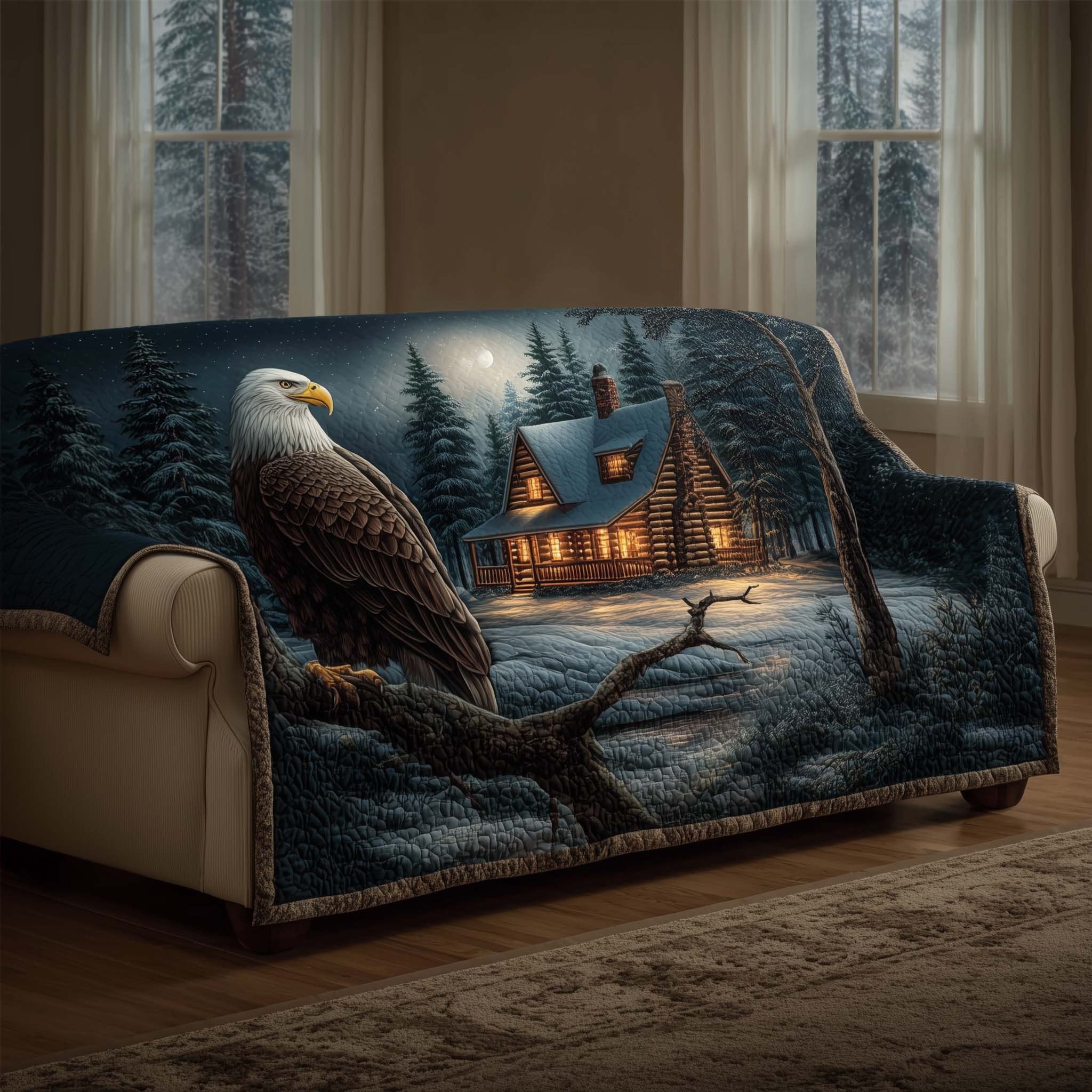 Eagle on a Branch Before the Moonlit Cabin Sofa Cover