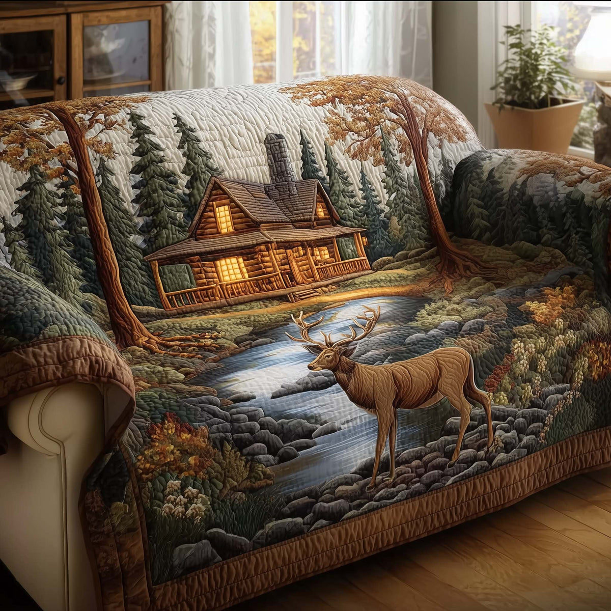Deer at the Stream Below the Cabin Sofa Cover