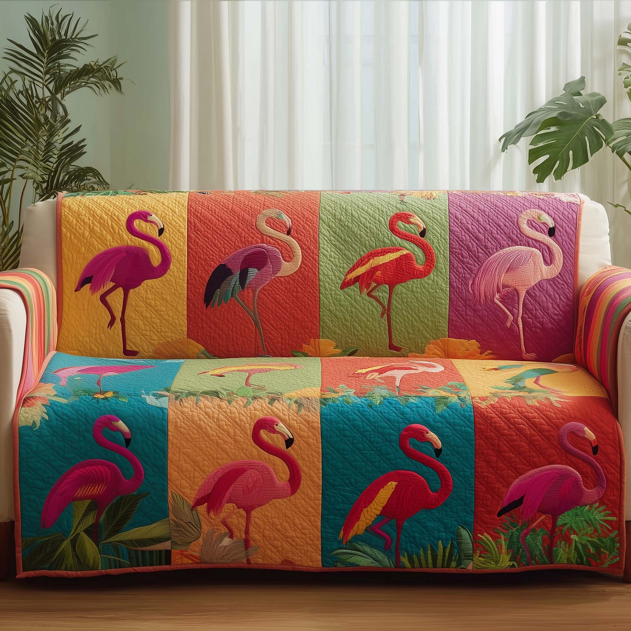 Flamingo Blocks in Warm Sunset Squares Sofa Cover