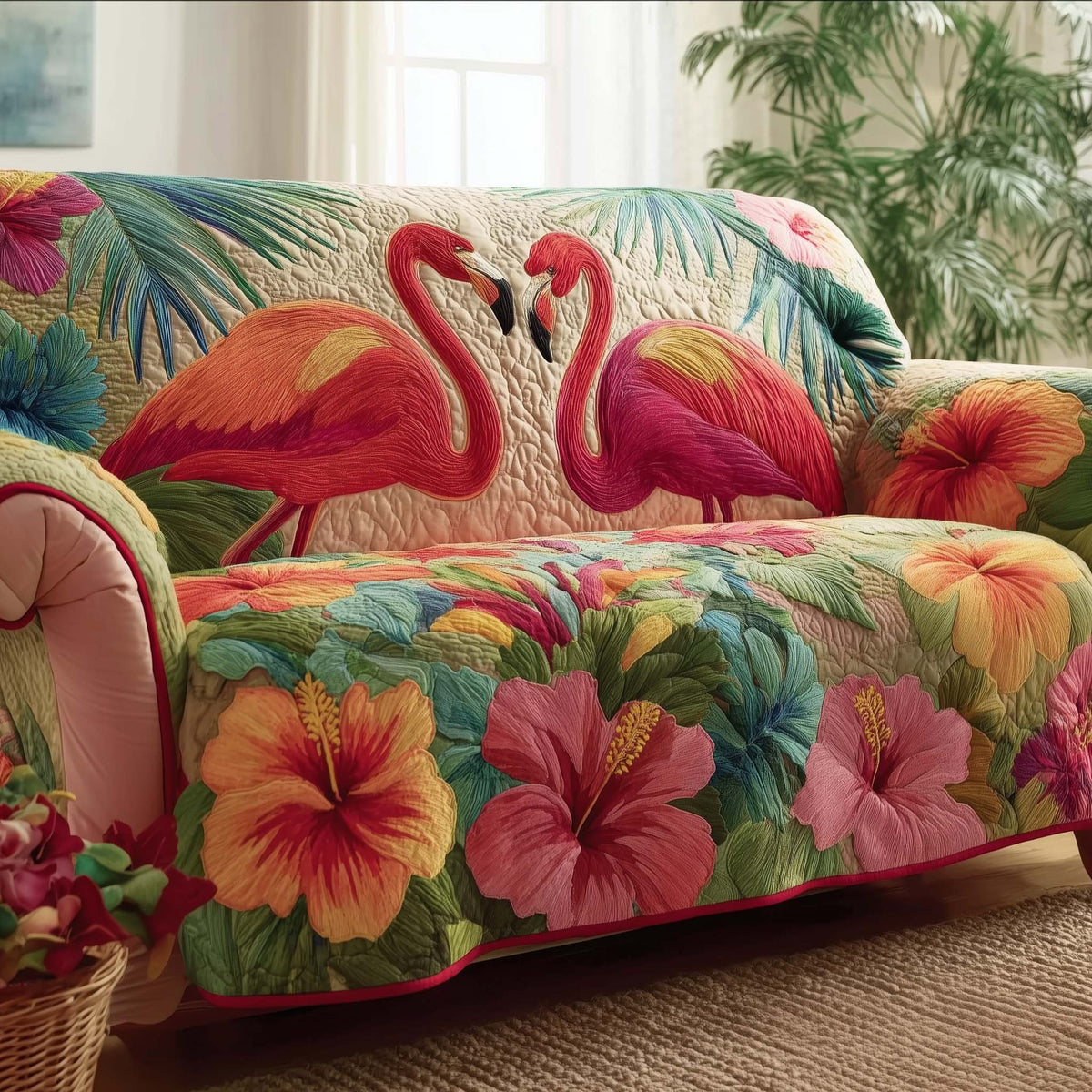 Flamingos Among Coral Hibiscus Sofa Cover