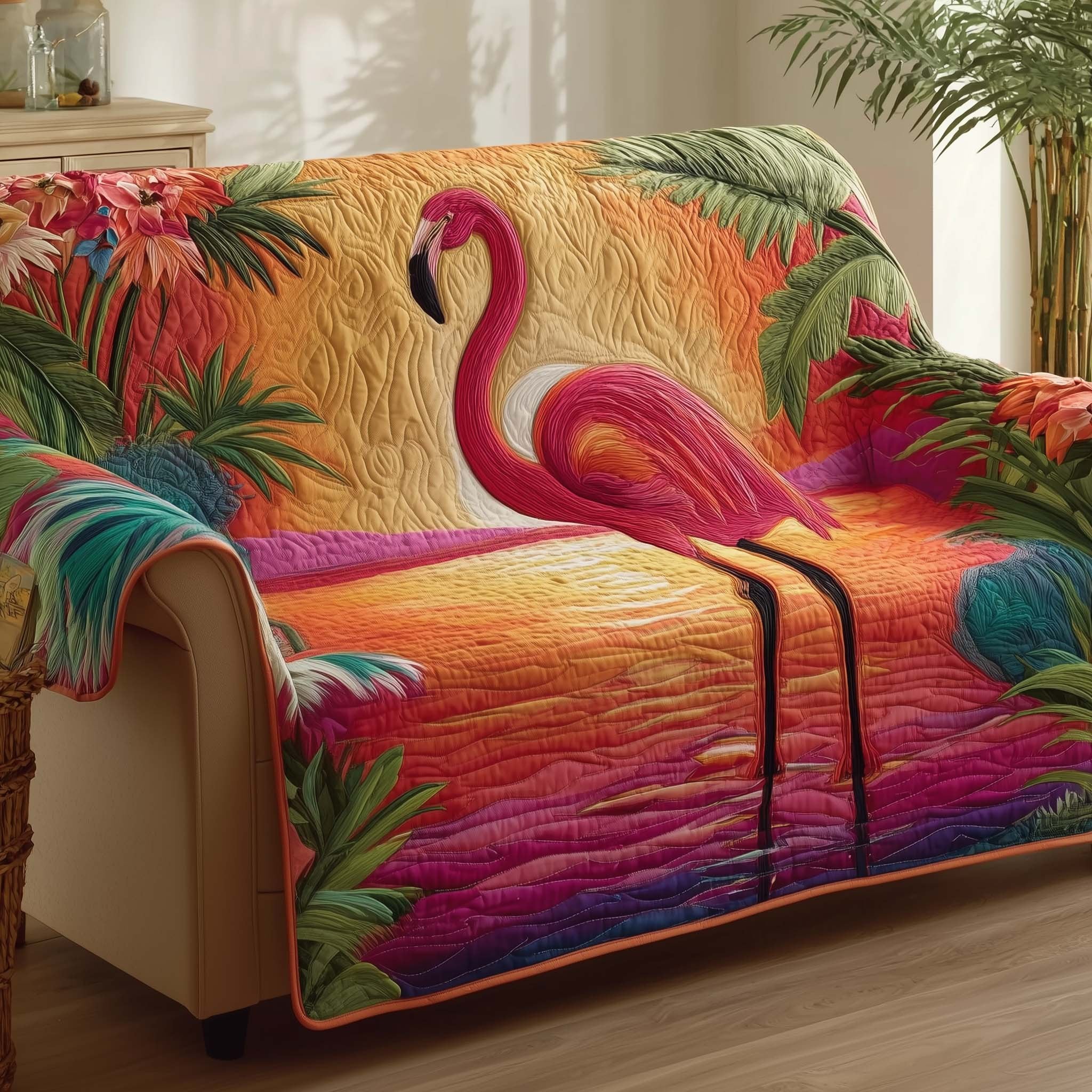 Two Flamingos in the Orange Dusk Sofa Cover