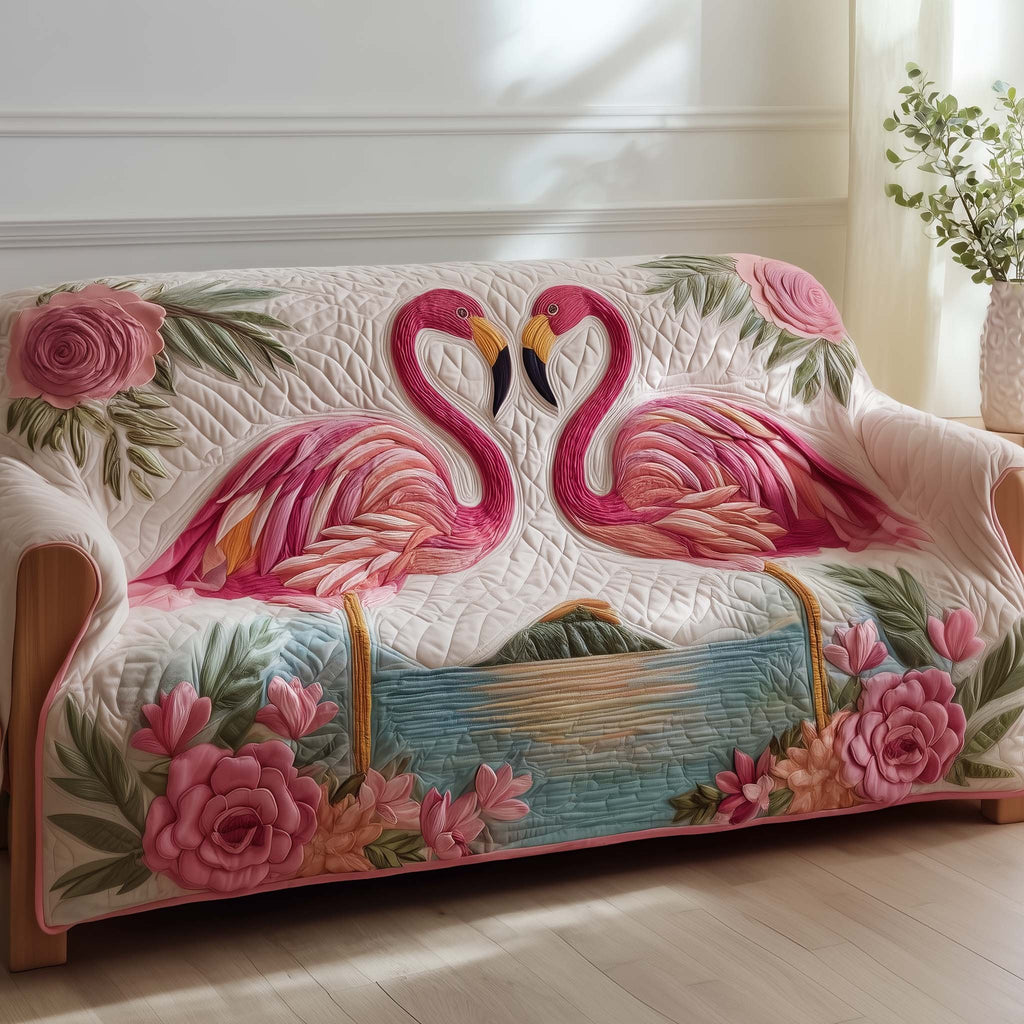 Flamingo Pair Forming a Heart Sofa Cover