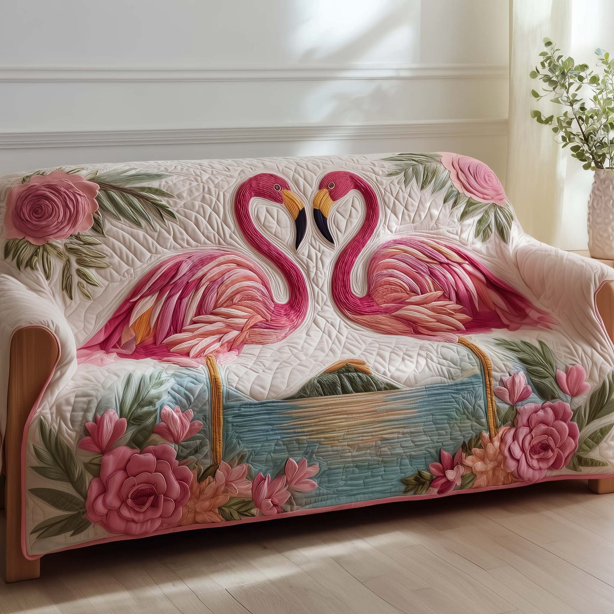Flamingo Pair Forming a Heart Sofa Cover
