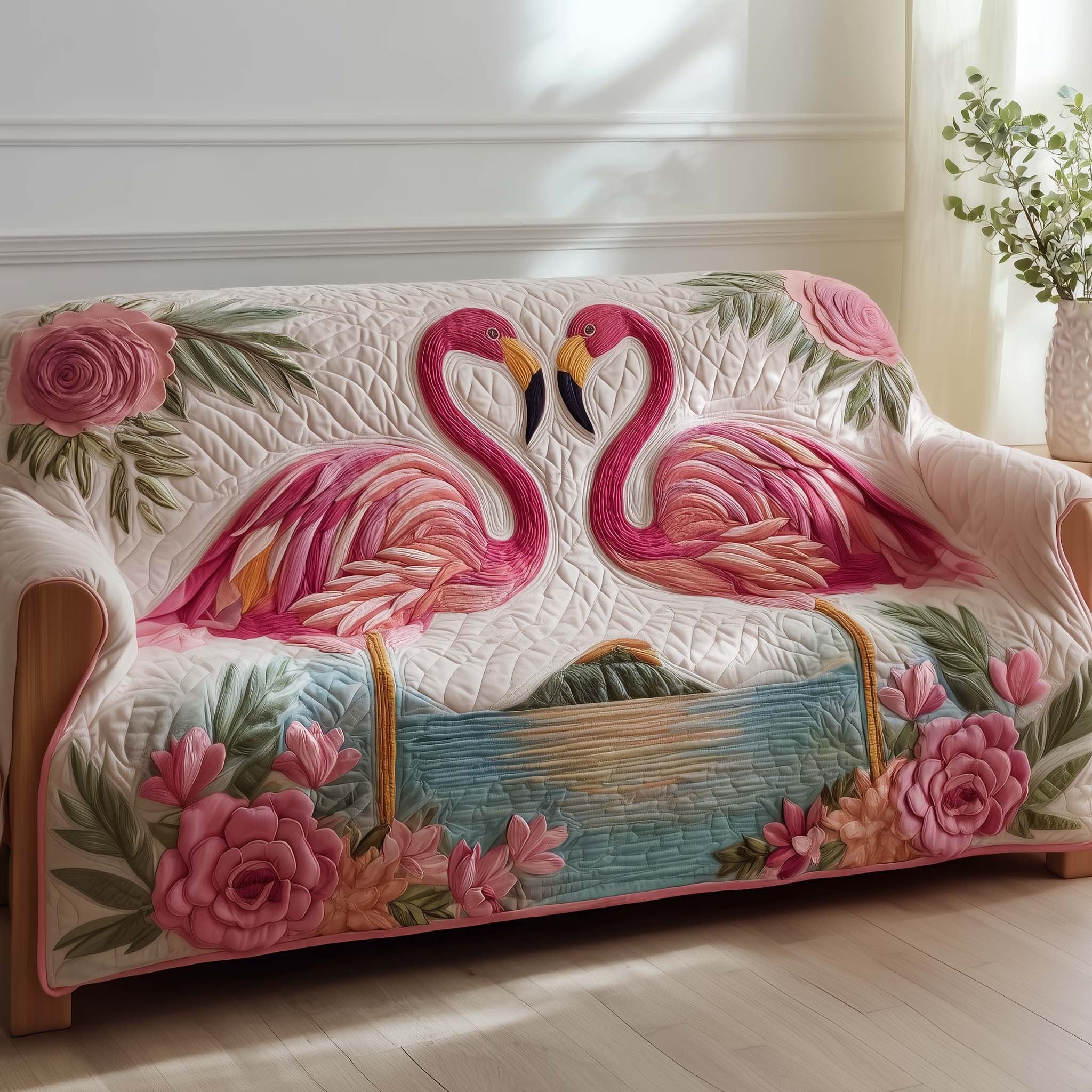 Flamingo Pair Forming a Heart Sofa Cover