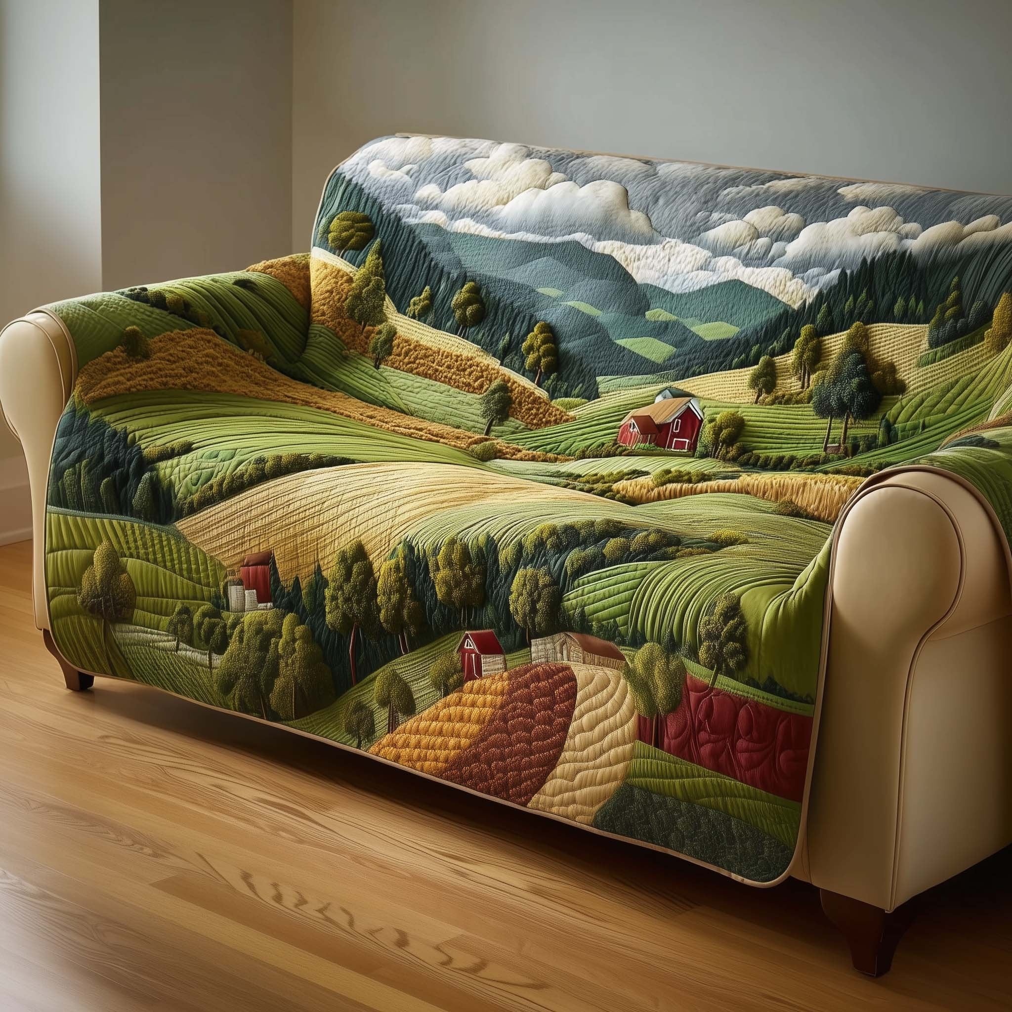 Green Farm Hills with a Red Barn Sofa Cover