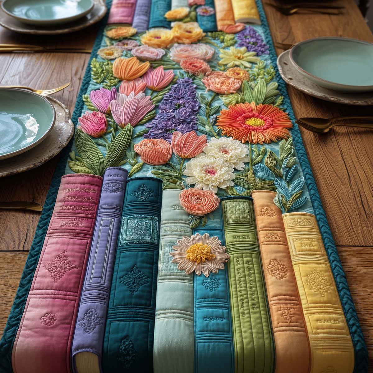 Book Spines with Tulips and Daisies Table Runner