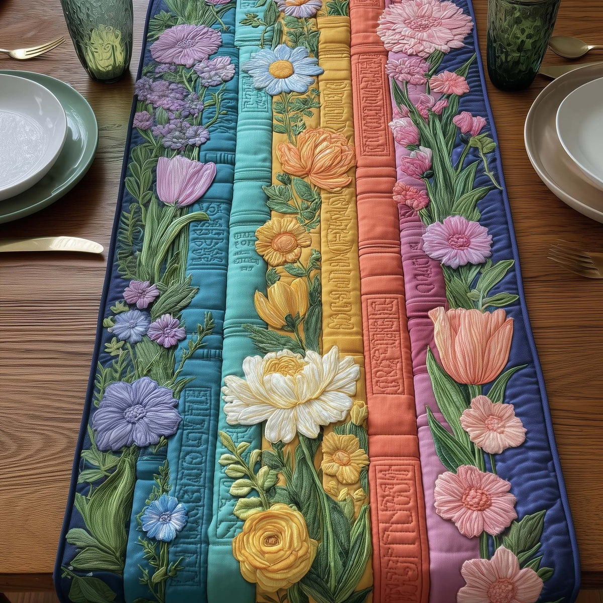 Colorful Books with Spring Blooms Table Runner