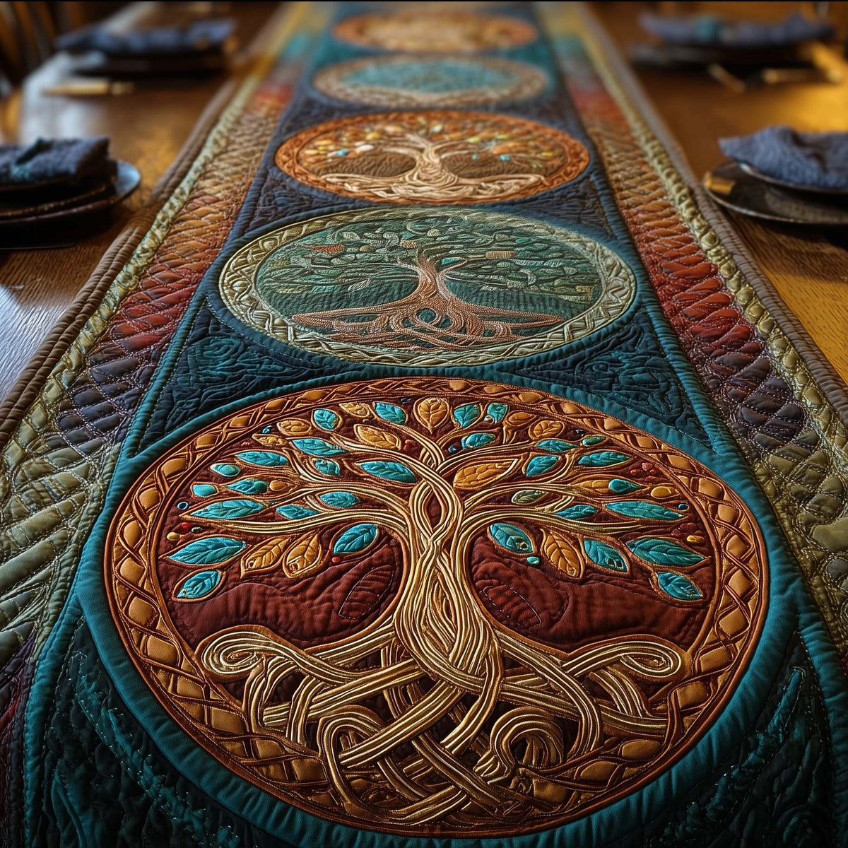Teal and Copper Tree of Life Table Runner