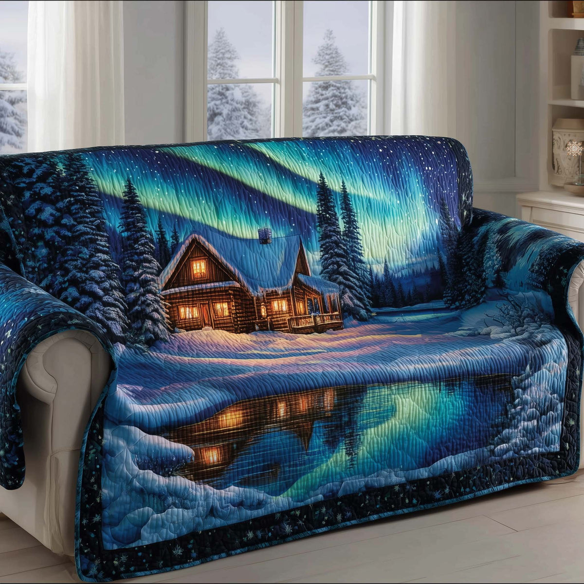 Cabin and Aurora Mirrored in the Lake Sofa Cover