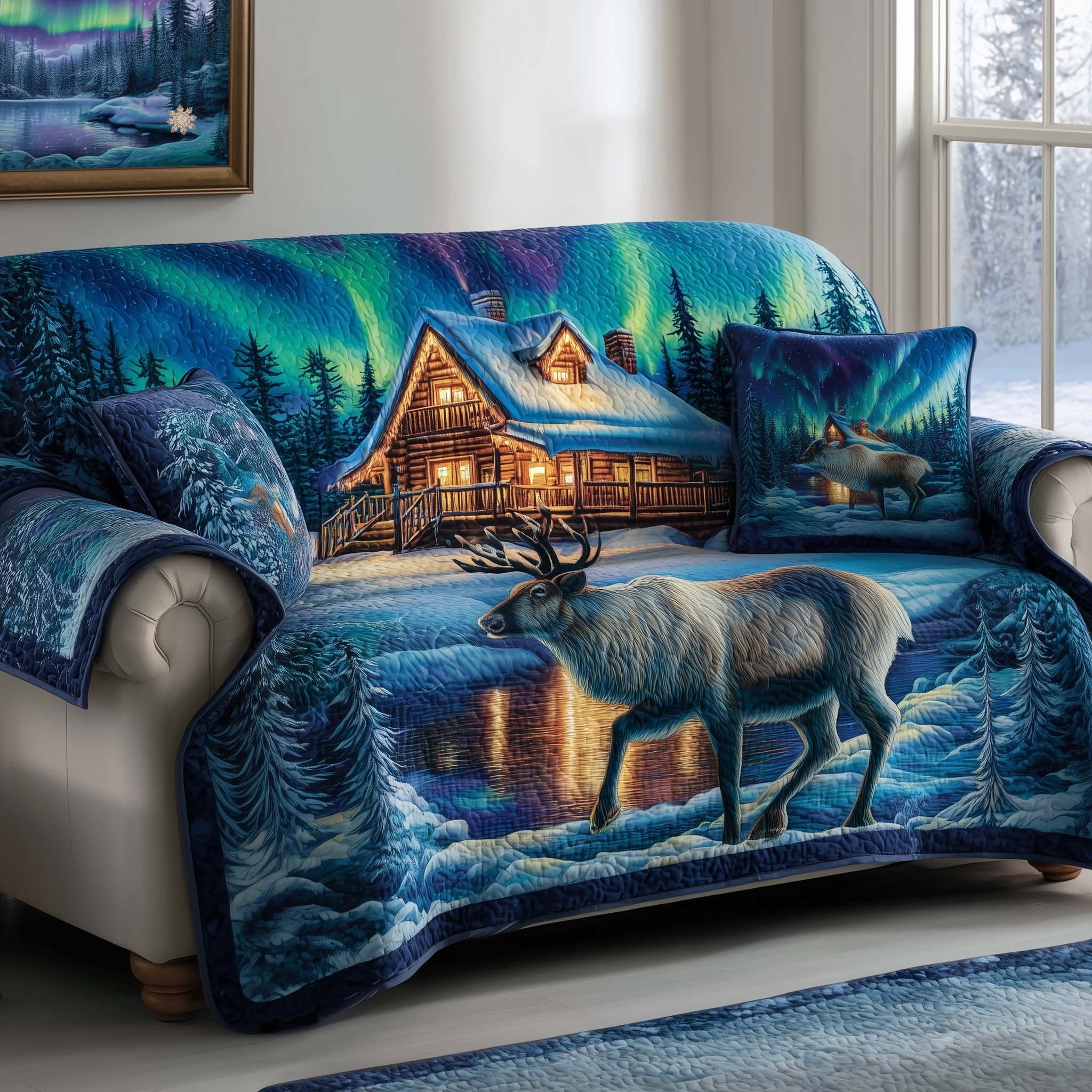 Elk Before the Cabin Under the Northern Lights Sofa Cover