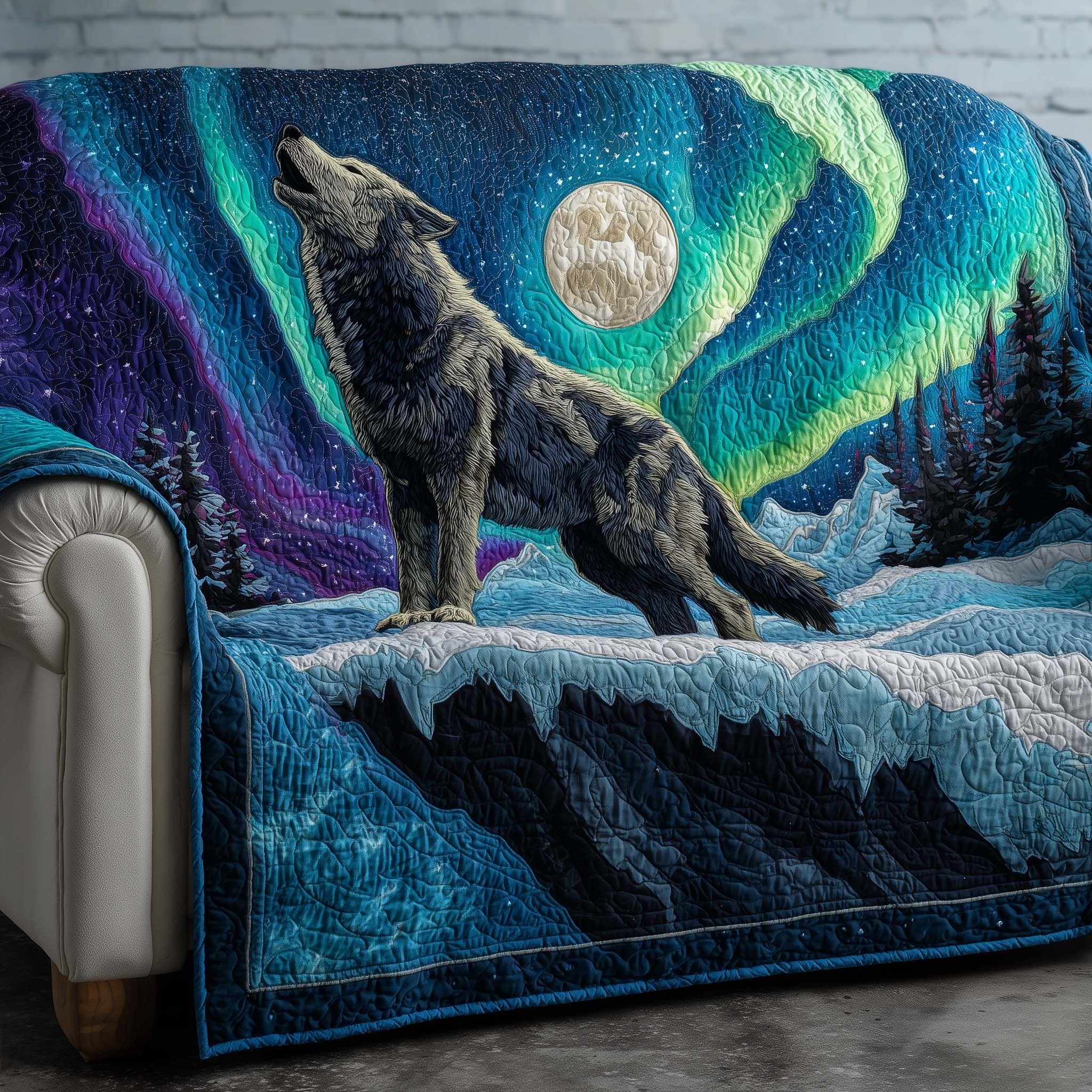 Wolf on the Cliff Beneath the Aurora Sofa Cover