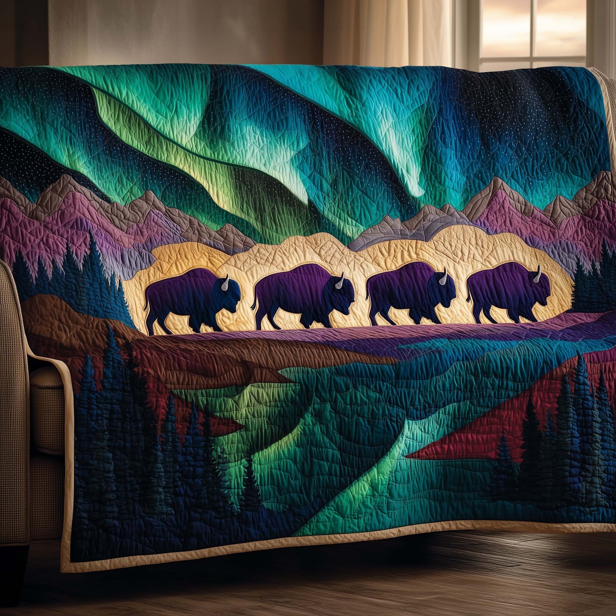 Bison Walking Under the Northern Lights Sofa Cover