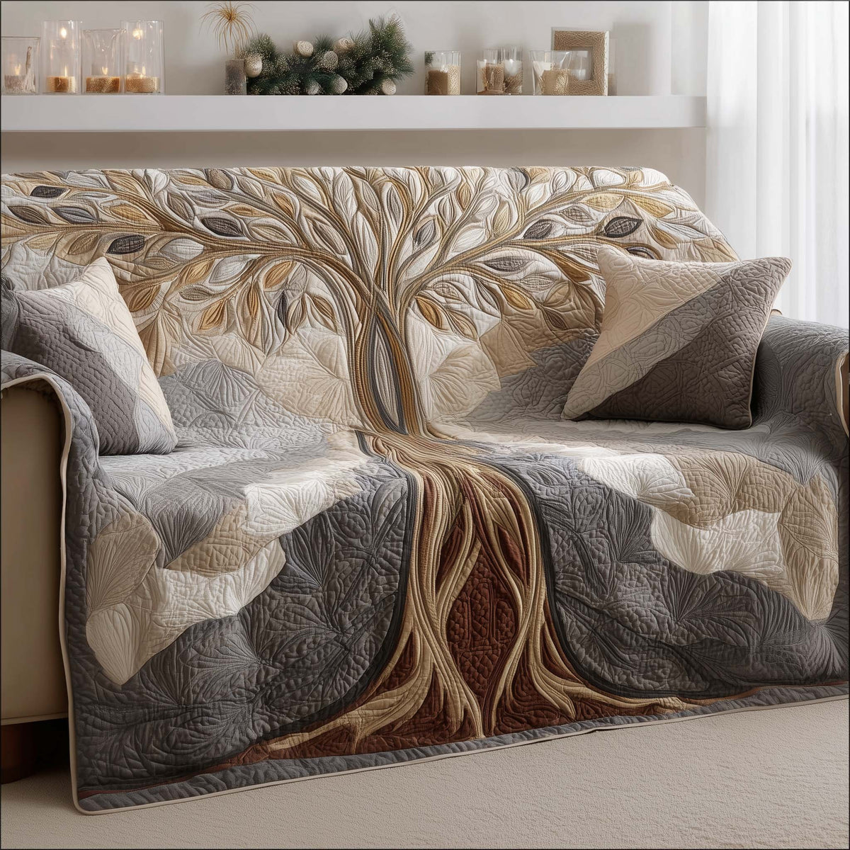 Rooted Tree on Grey and Ivory Sofa Cover
