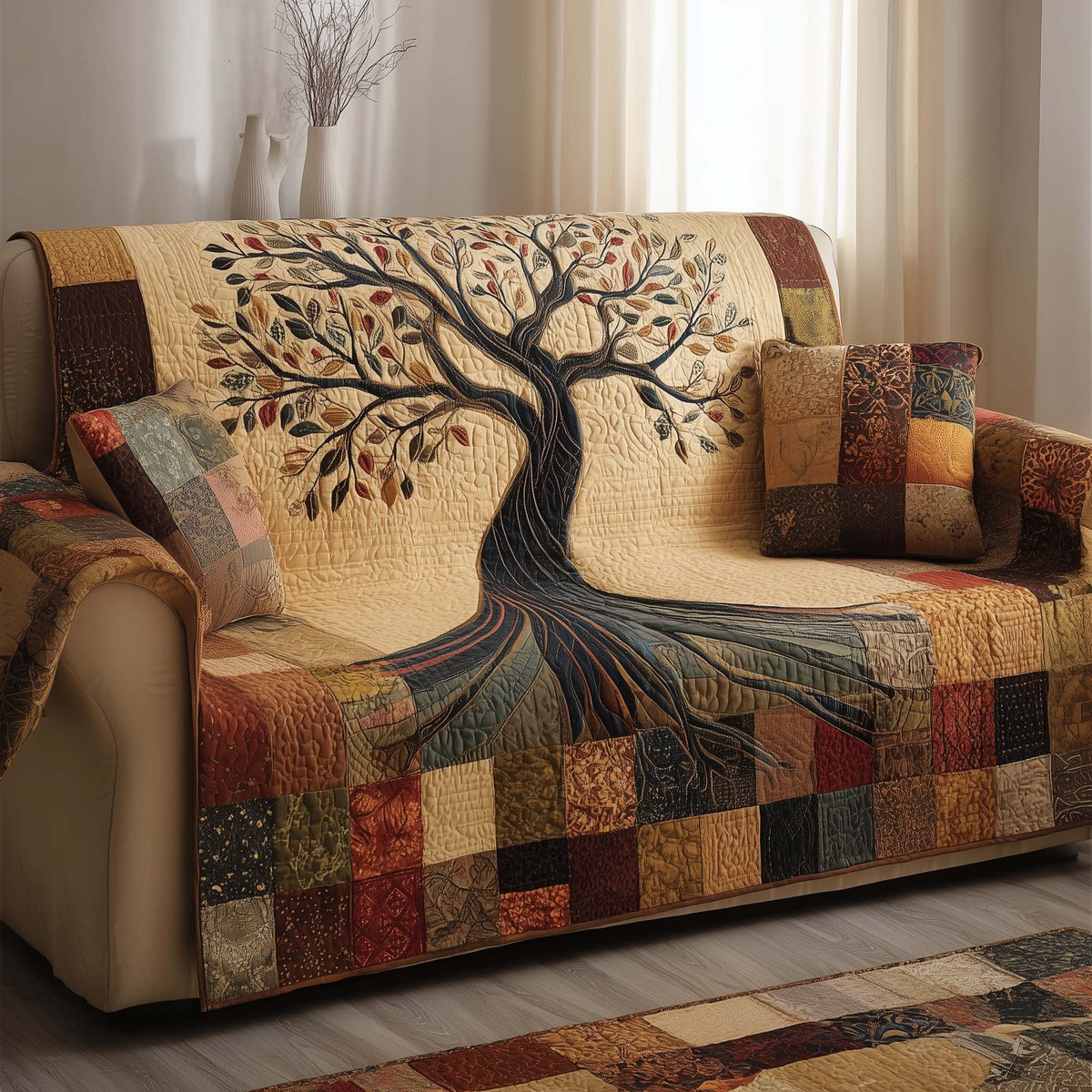Leafy Tree Above the Warm Patchwork Sofa Cover