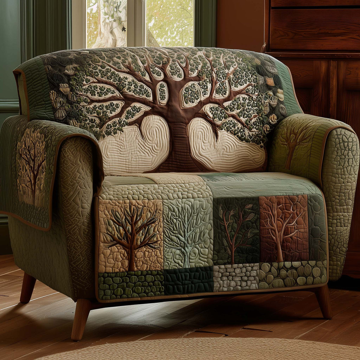 Bare Trees in Green Quilt Blocks Sofa Cover