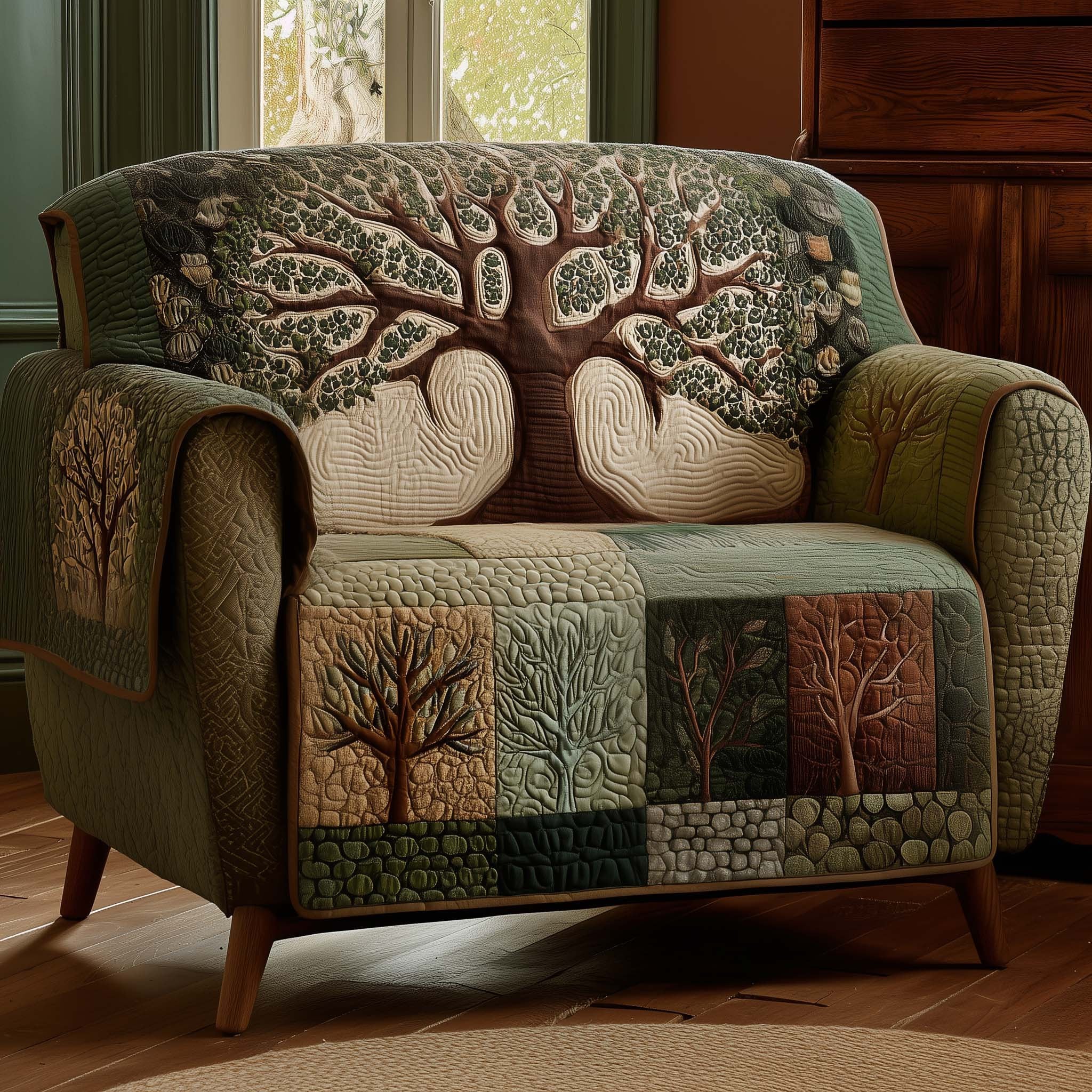 Bare Trees in Green Quilt Blocks Sofa Cover