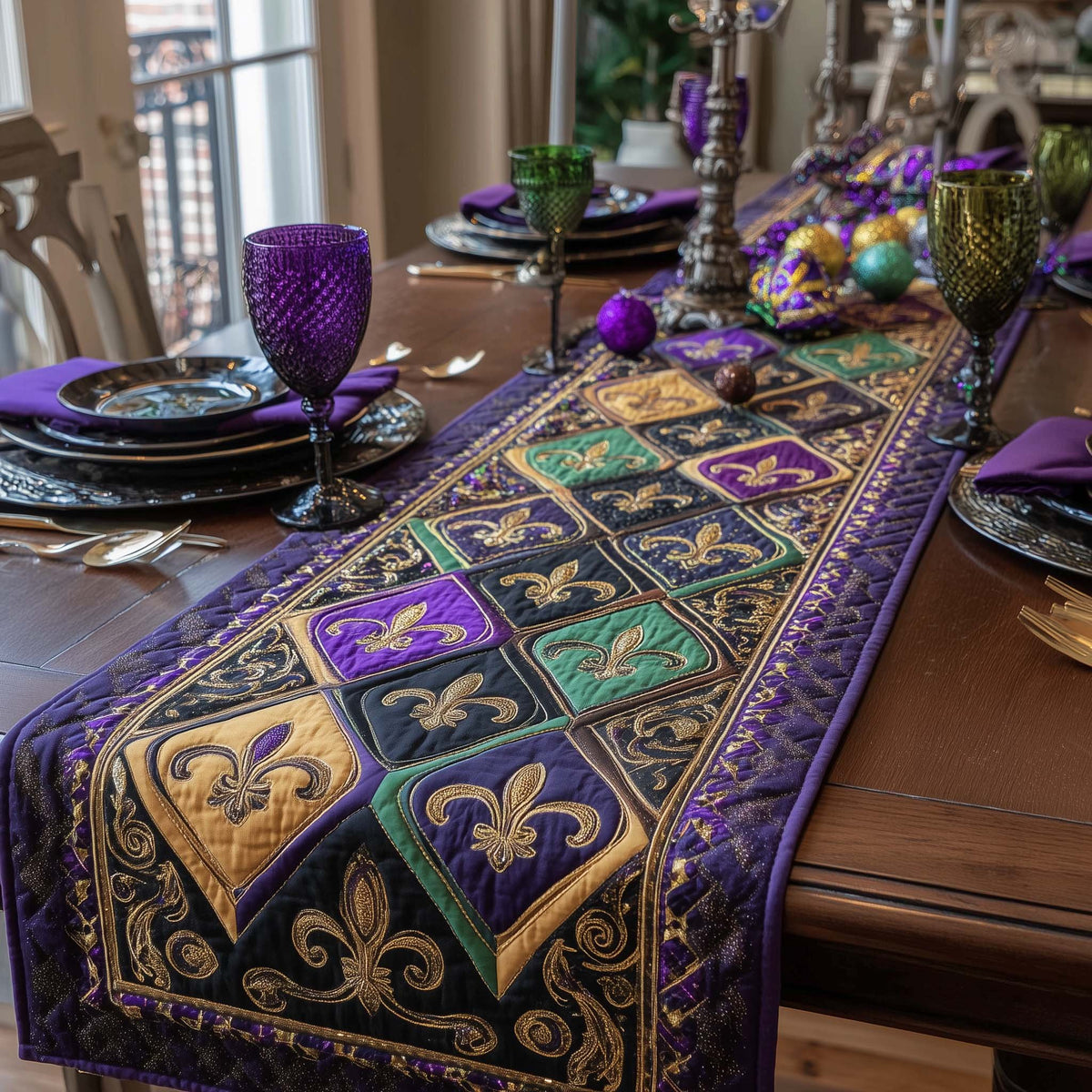 Fleur de Lis Blocks in Purple and Gold Table Runner