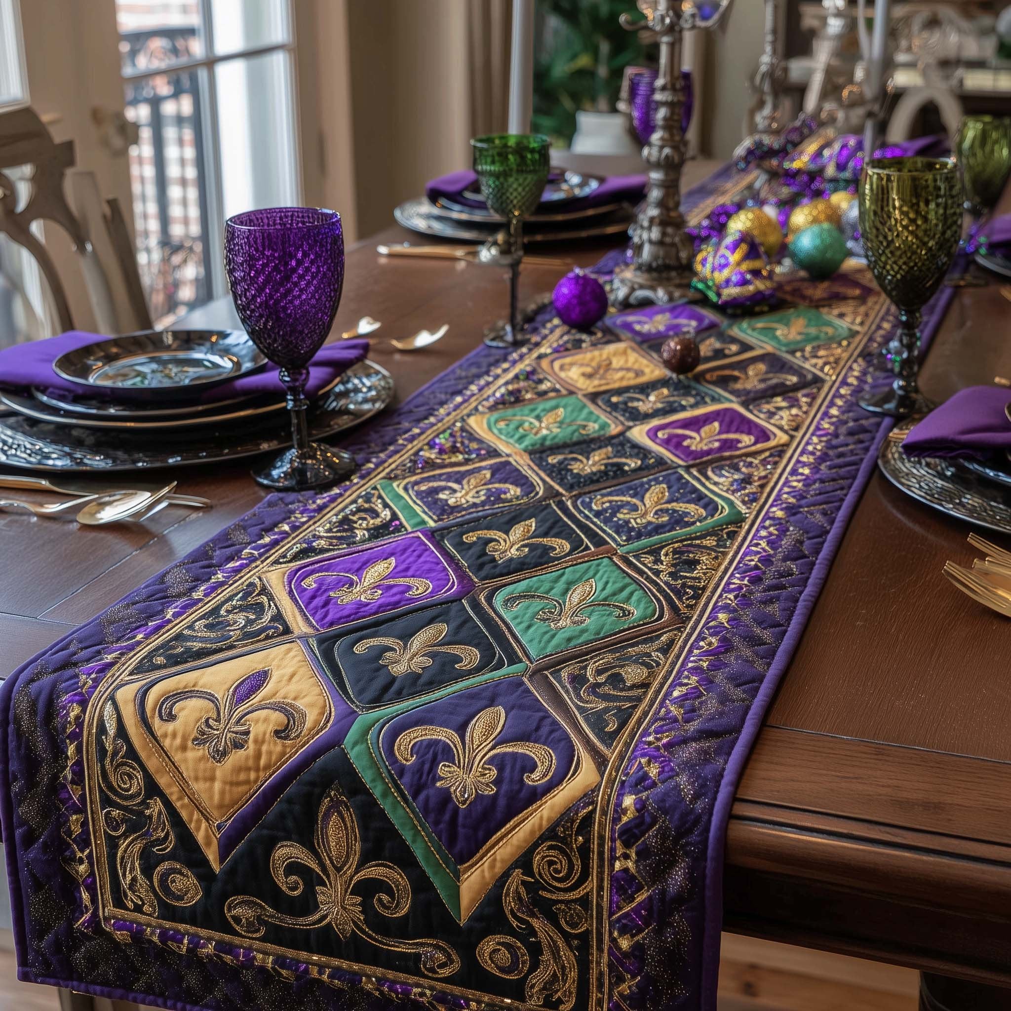 Fleur de Lis Blocks in Purple and Gold Table Runner