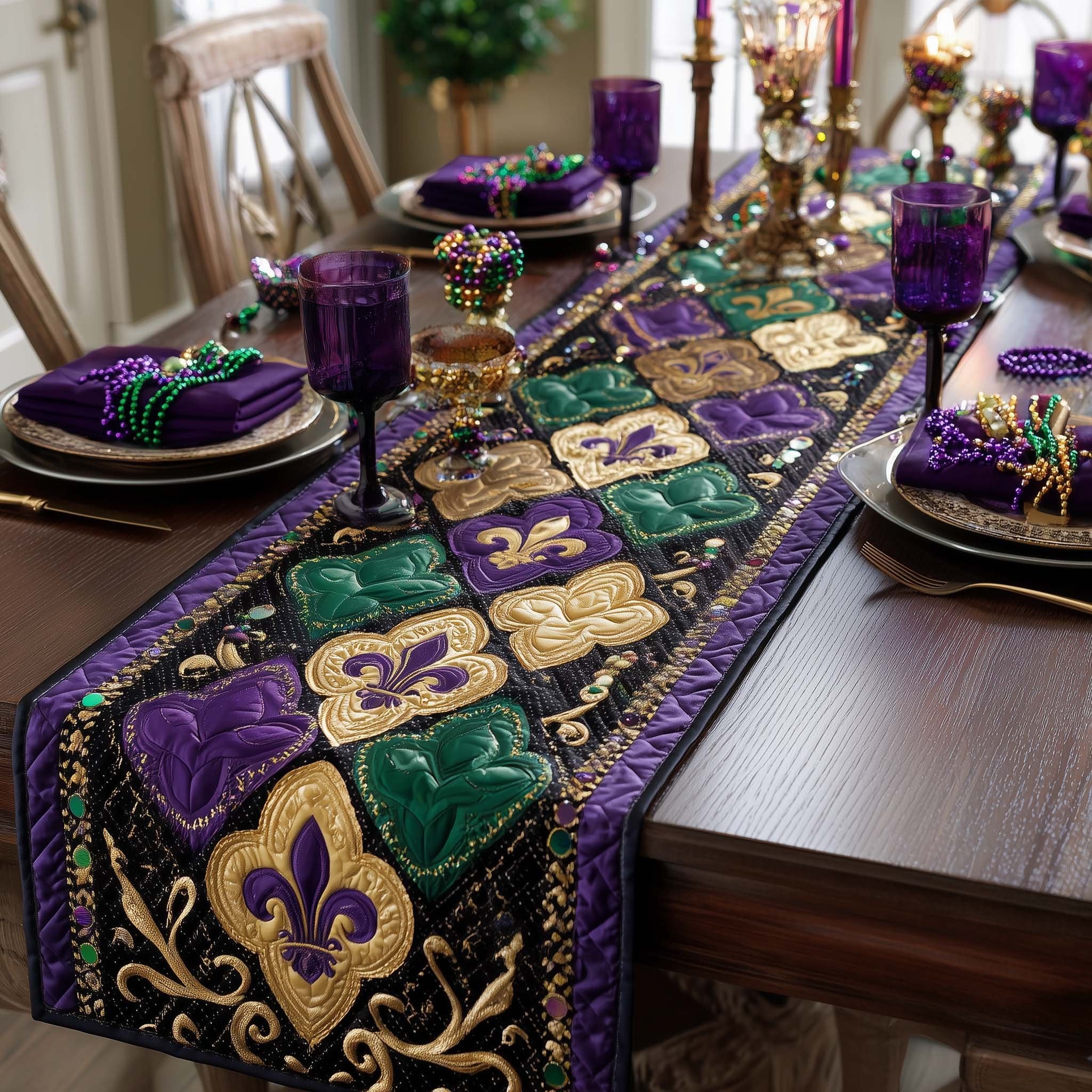 Purple and Green Hearts with Gold Emblems Table Runner