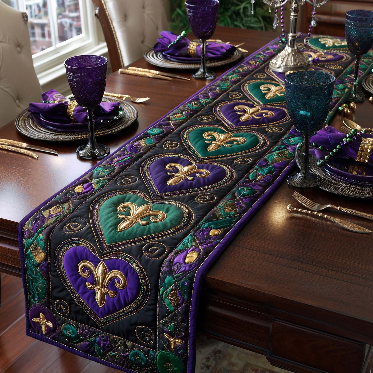 Jeweled Hearts on Black Panel Table Runner