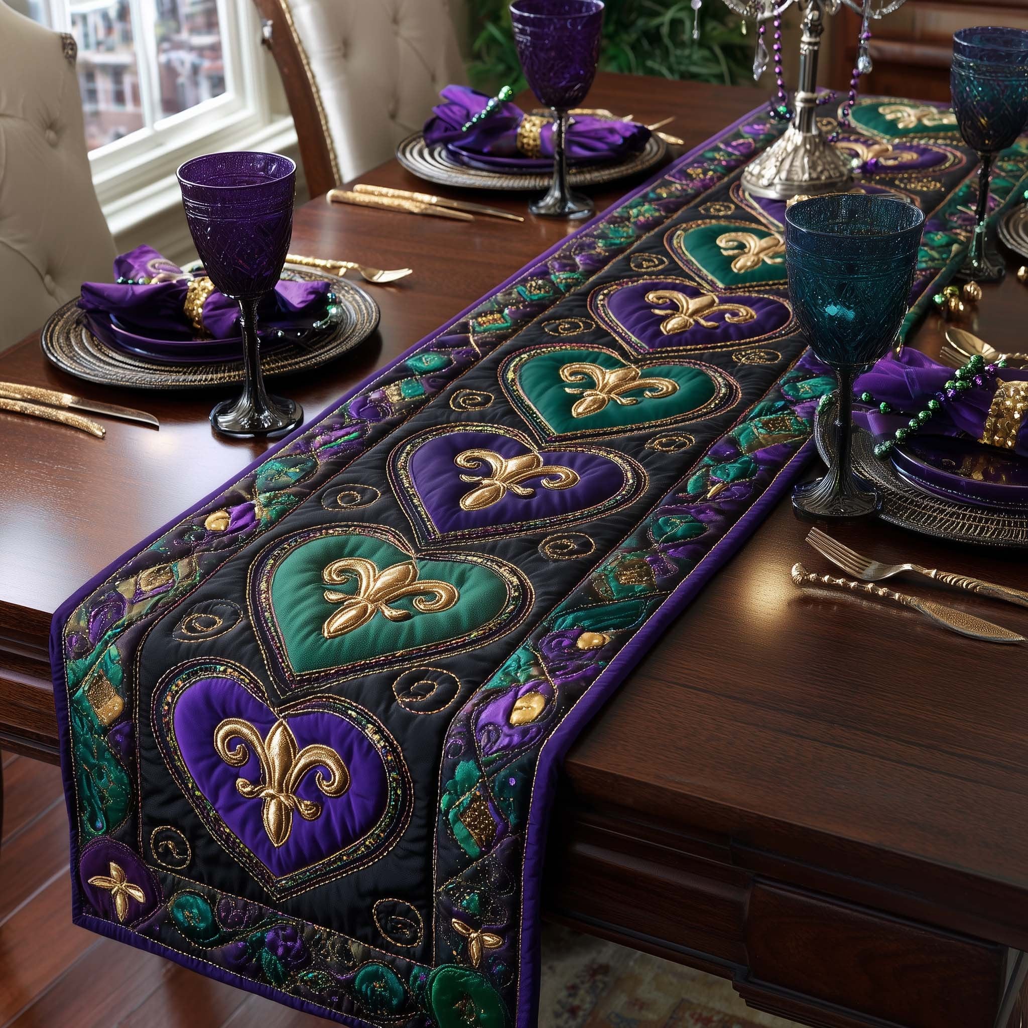 Jeweled Hearts on Black Panel Table Runner