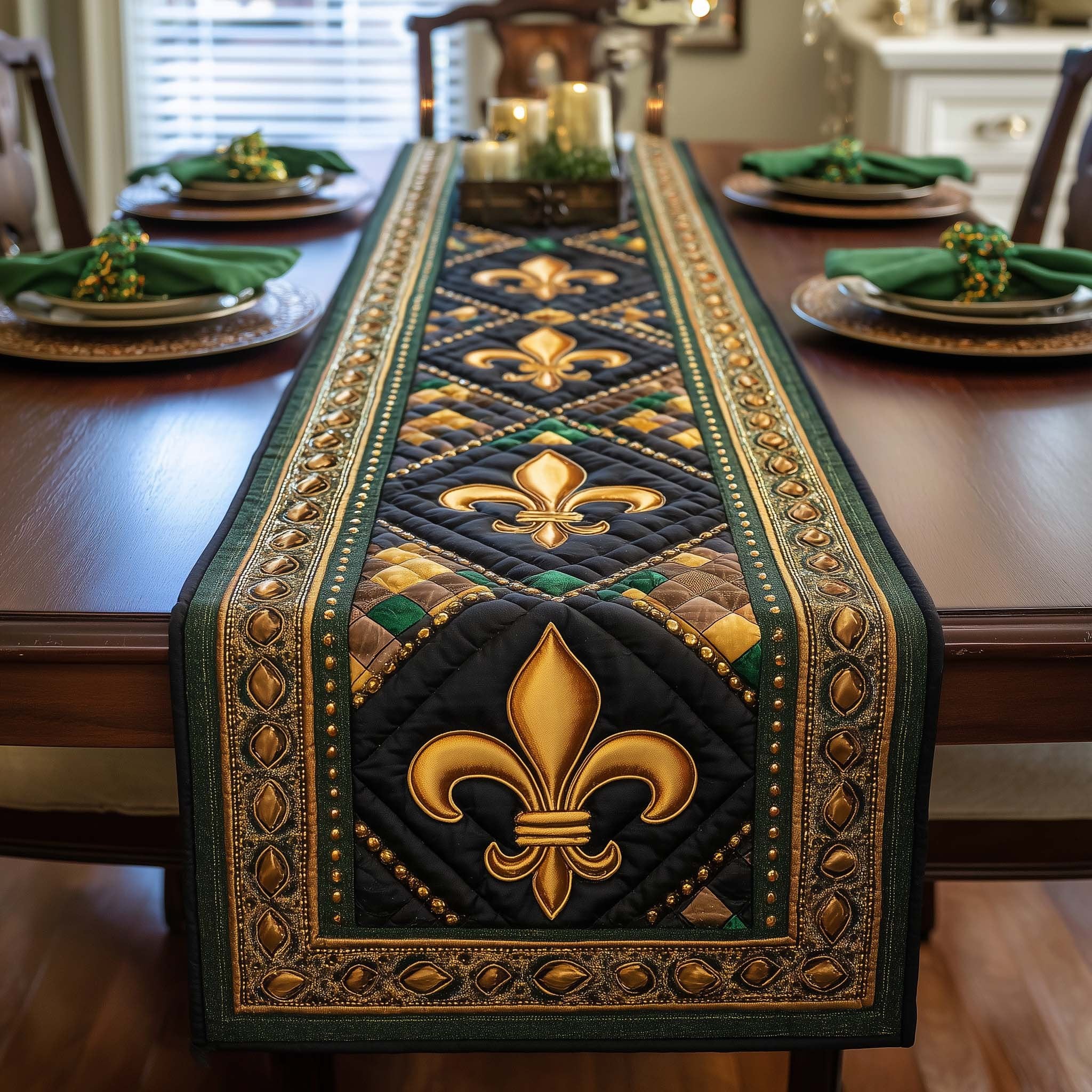 Large Gold Emblem on Green Band Table Runner