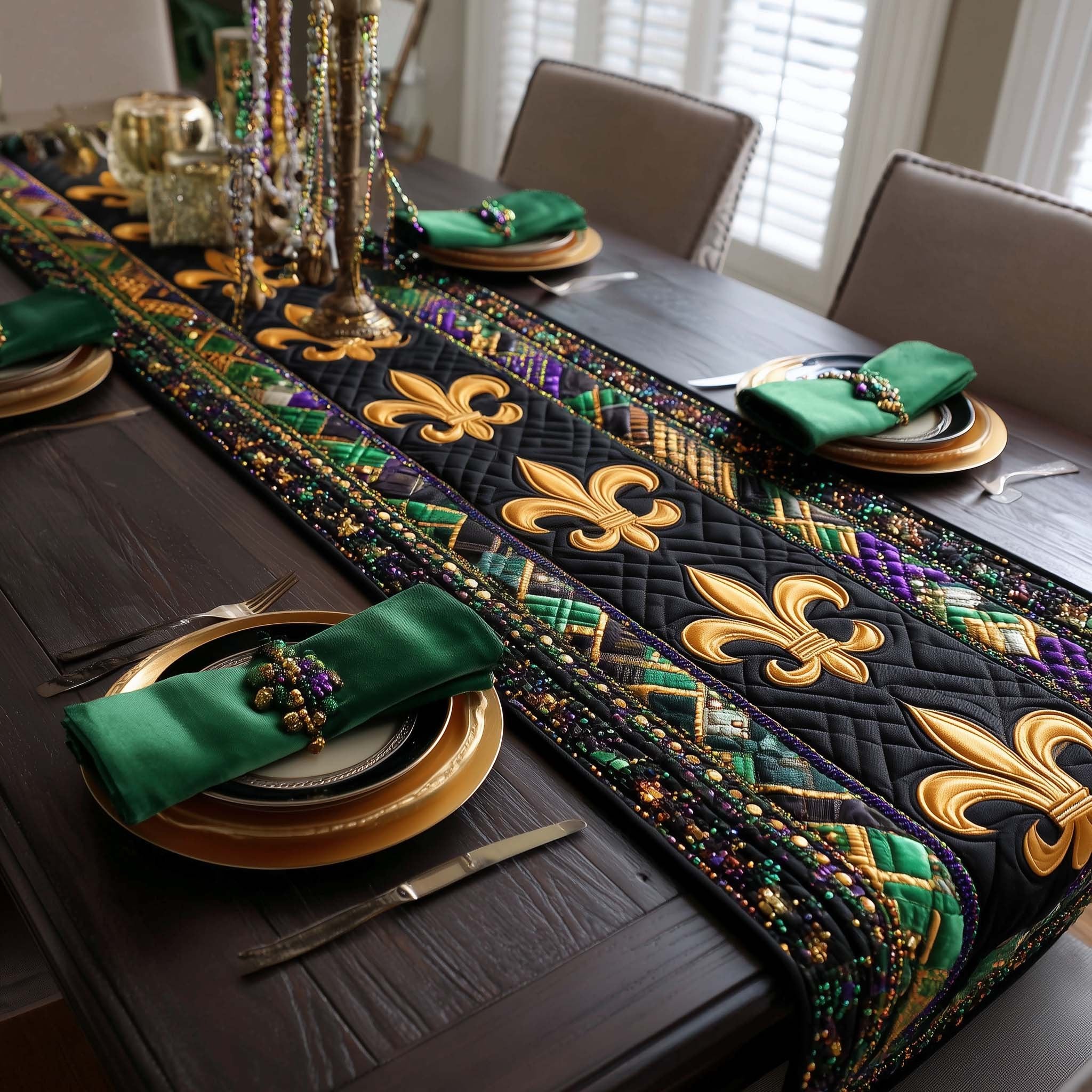 Gold Emblems on Black Diagonal Blocks Table Runner