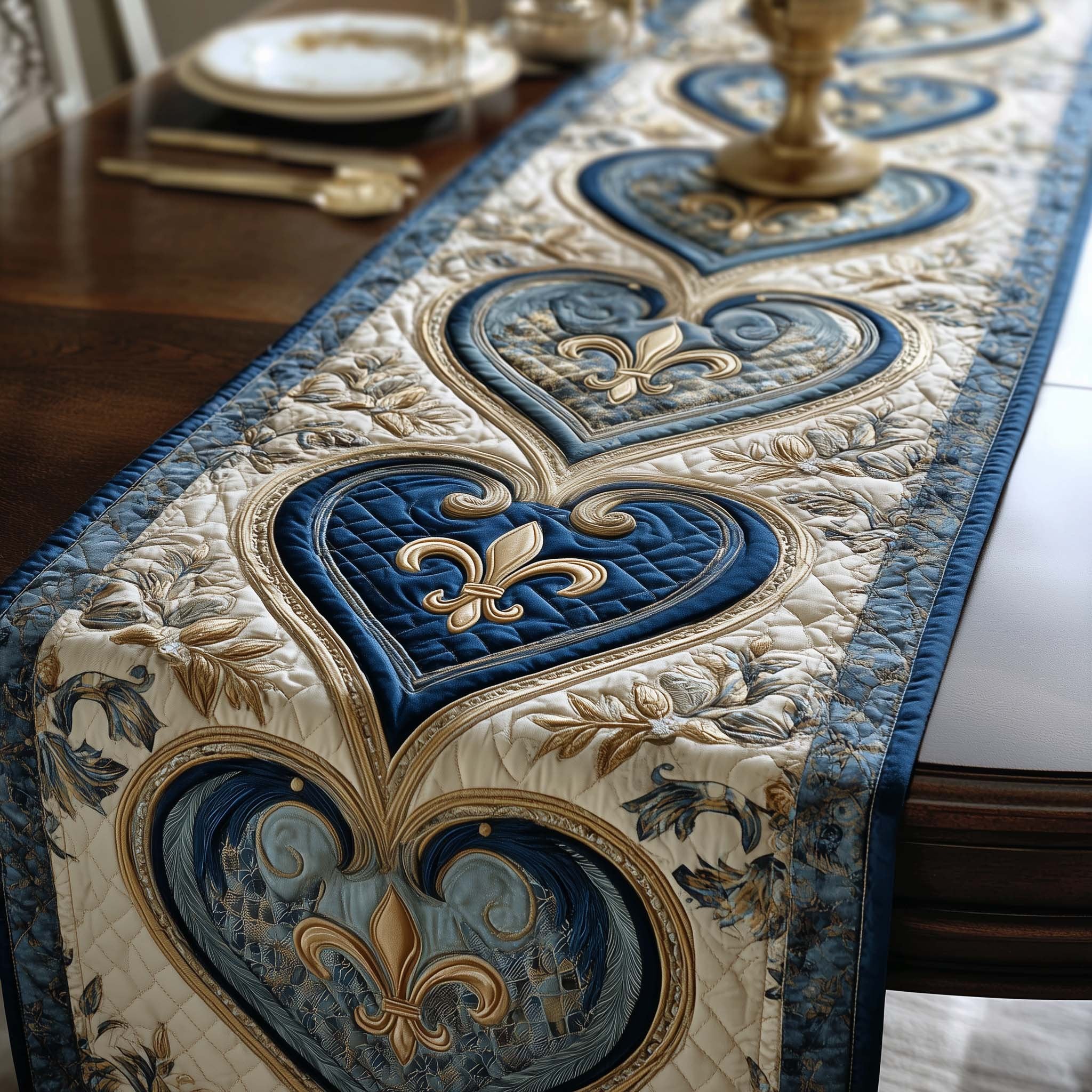 Two Blue Emblem Hearts on Cream Table Runner