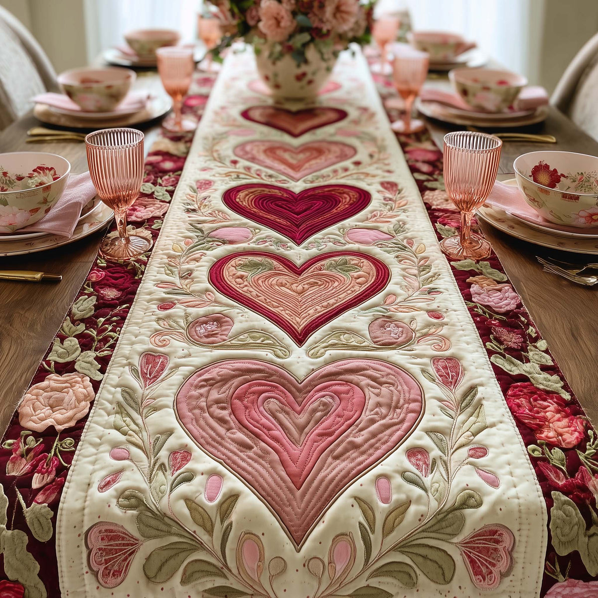Pink and Red Hearts on Cream Panel Table Runner