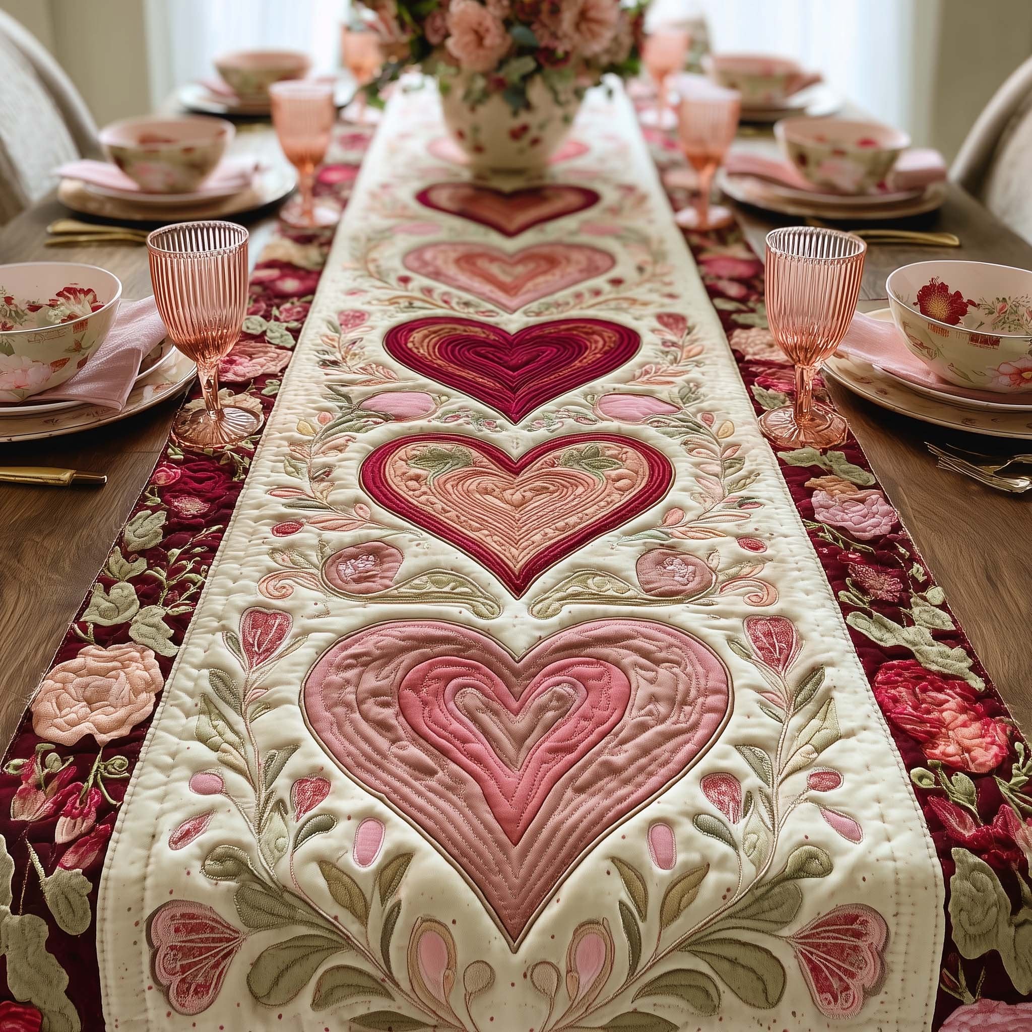 Pink and Red Hearts on Cream Panel Table Runner