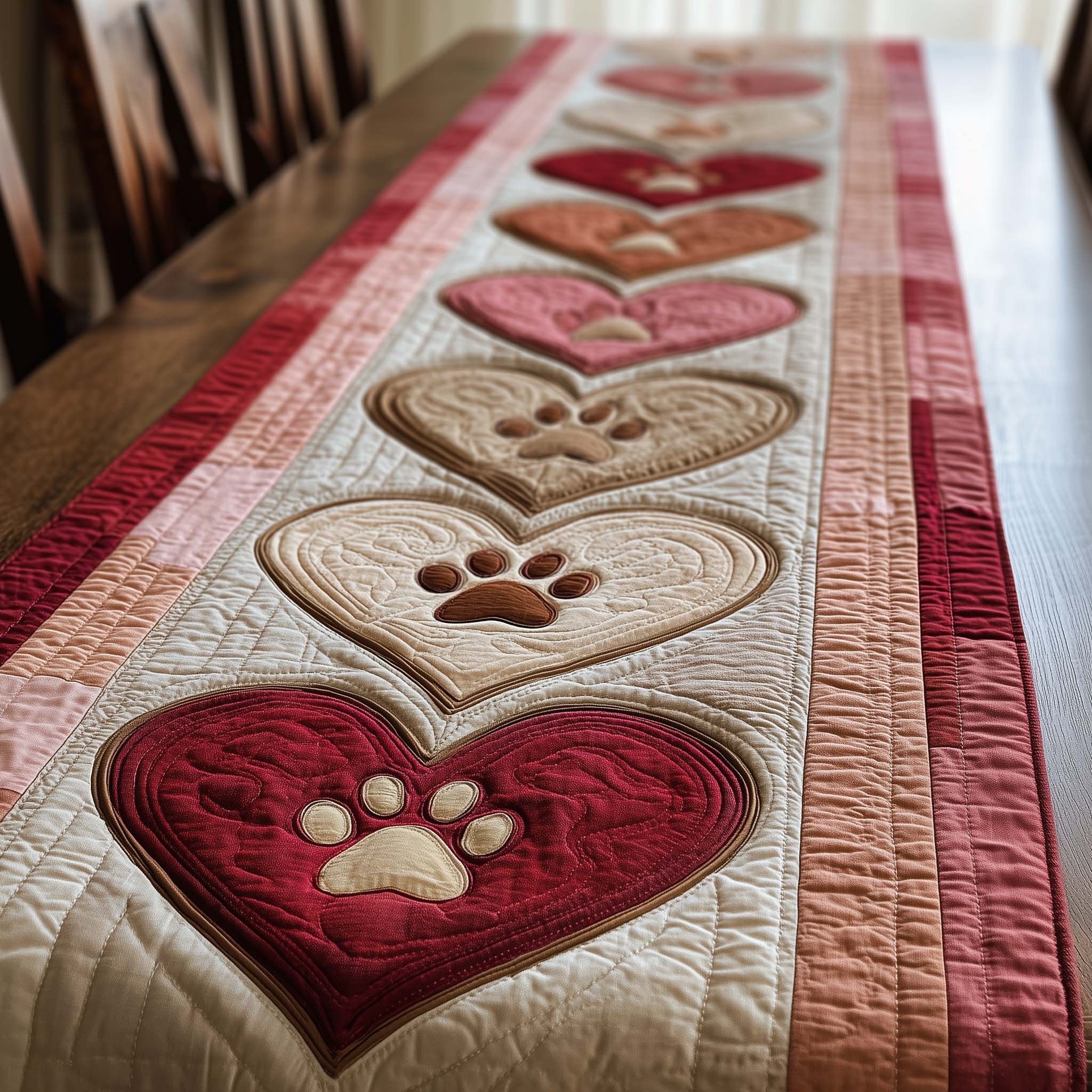 Paw Print Hearts on Pink Table Runner