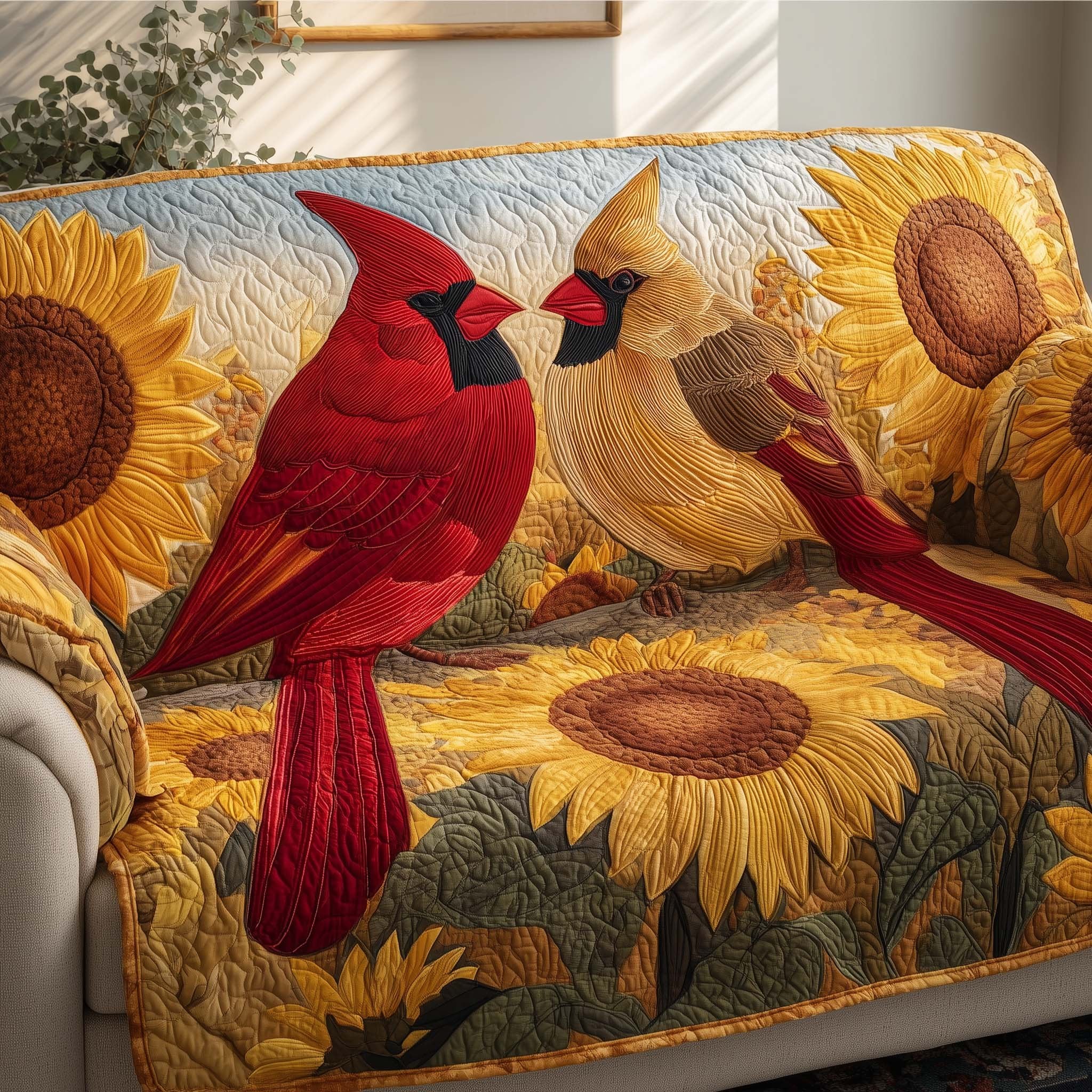 Cardinals Perched on Sunflowers Sofa Cover