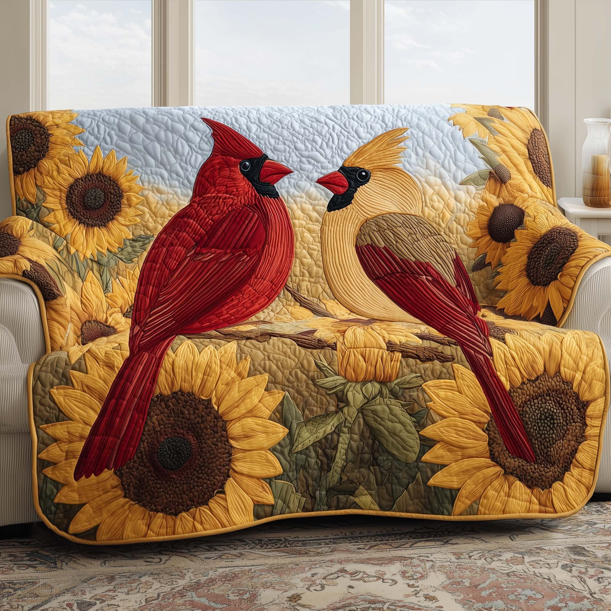 Cardinals with Sunflower and Pinecone Sofa Cover