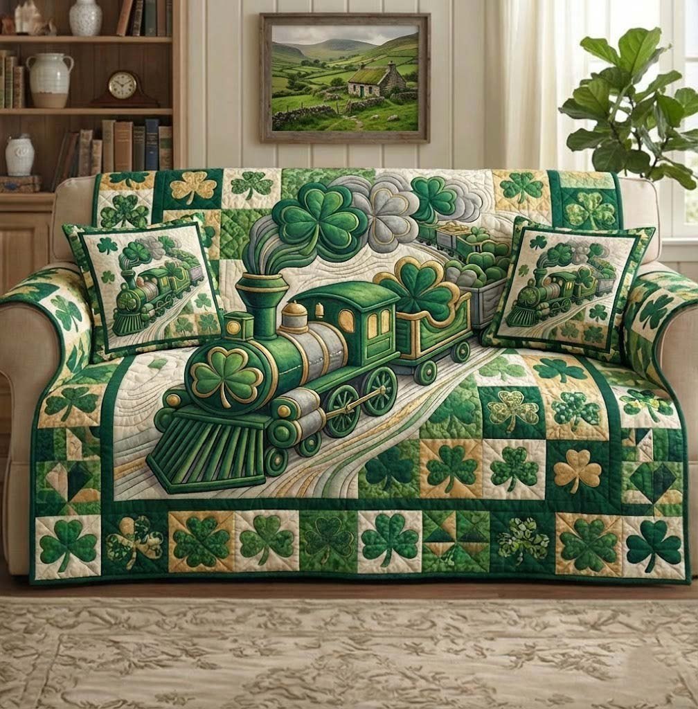 Green Train Loaded with Shamrocks Sofa Cover