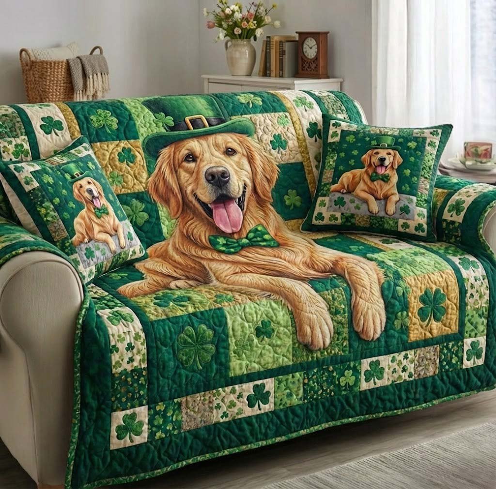 Golden Retriever in a Shamrock Bow Tie Sofa Cover