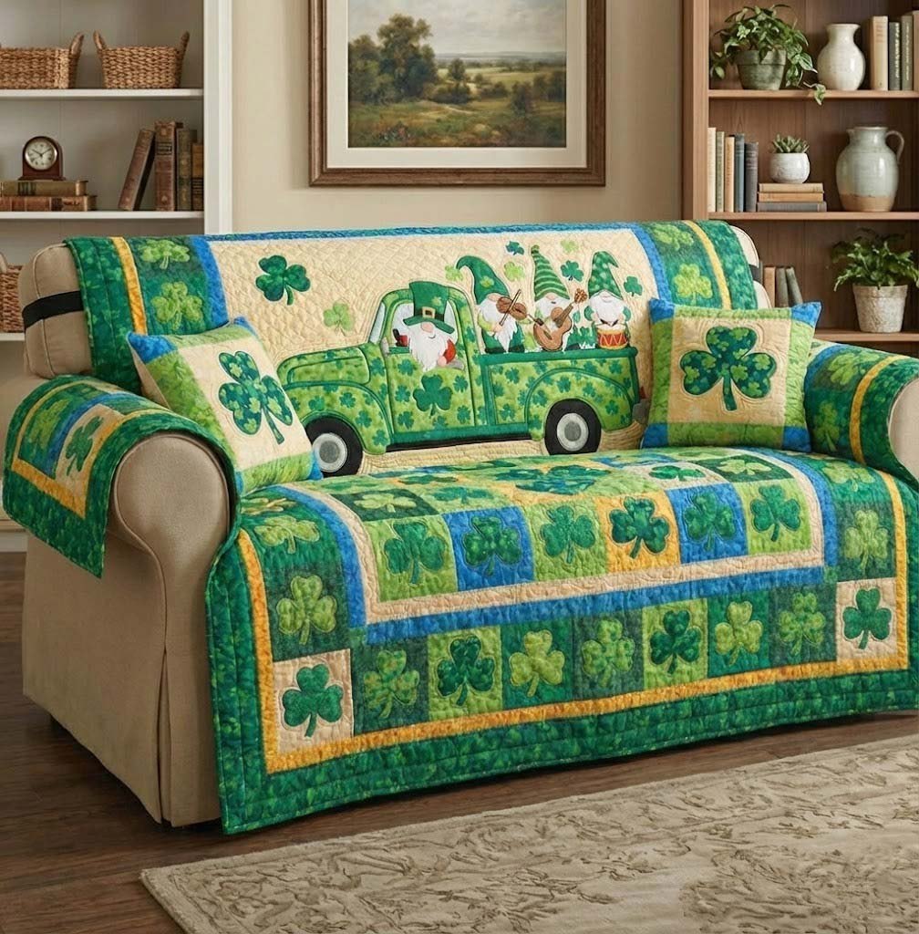 Green Truck Carrying Gnomes and Clovers Sofa Cover