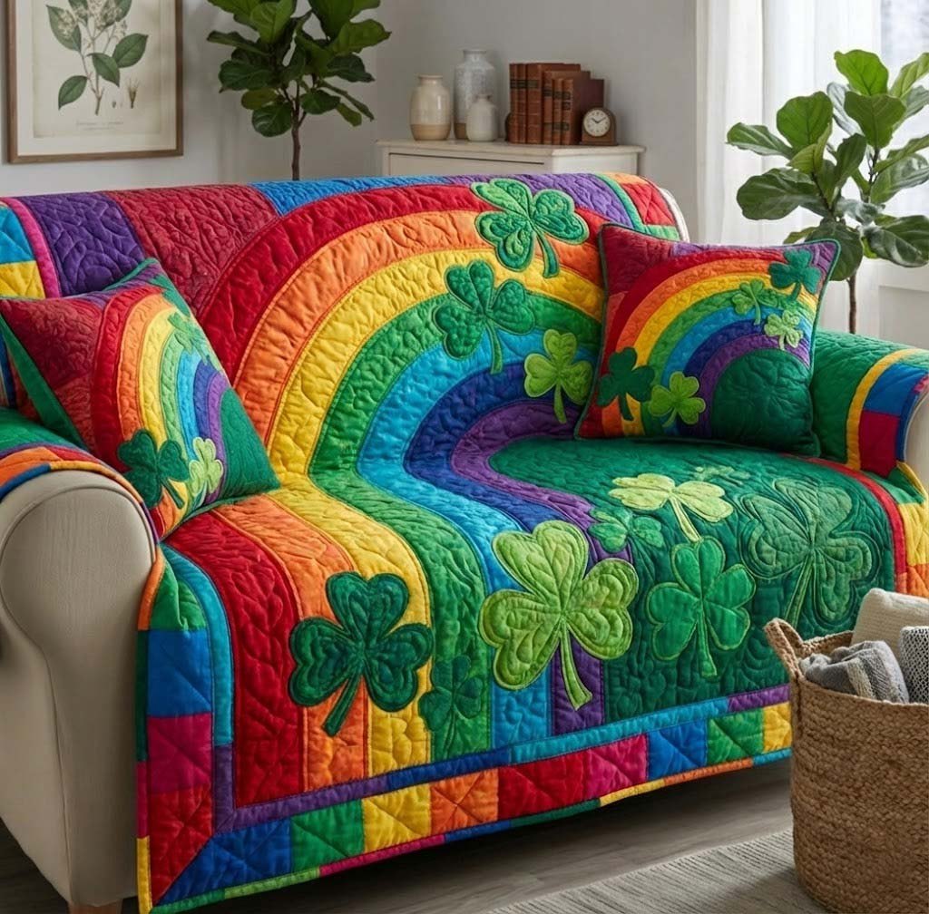 Rainbow Arching Over Green Clovers Sofa Cover