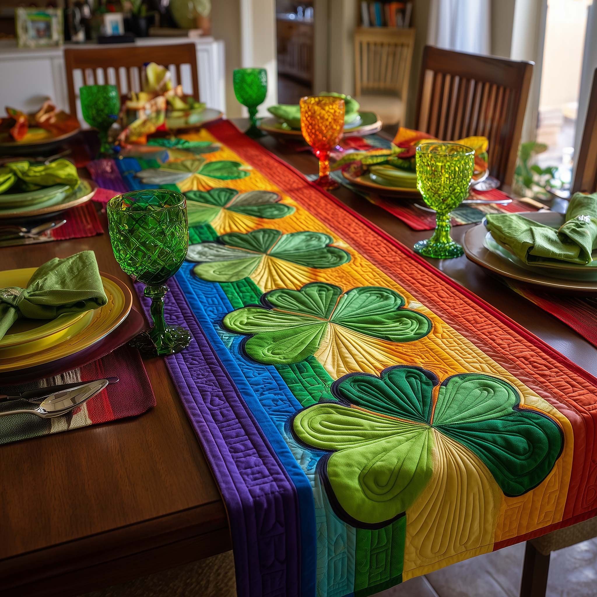 Green Shamrocks on Rainbow Stripes Table Runner