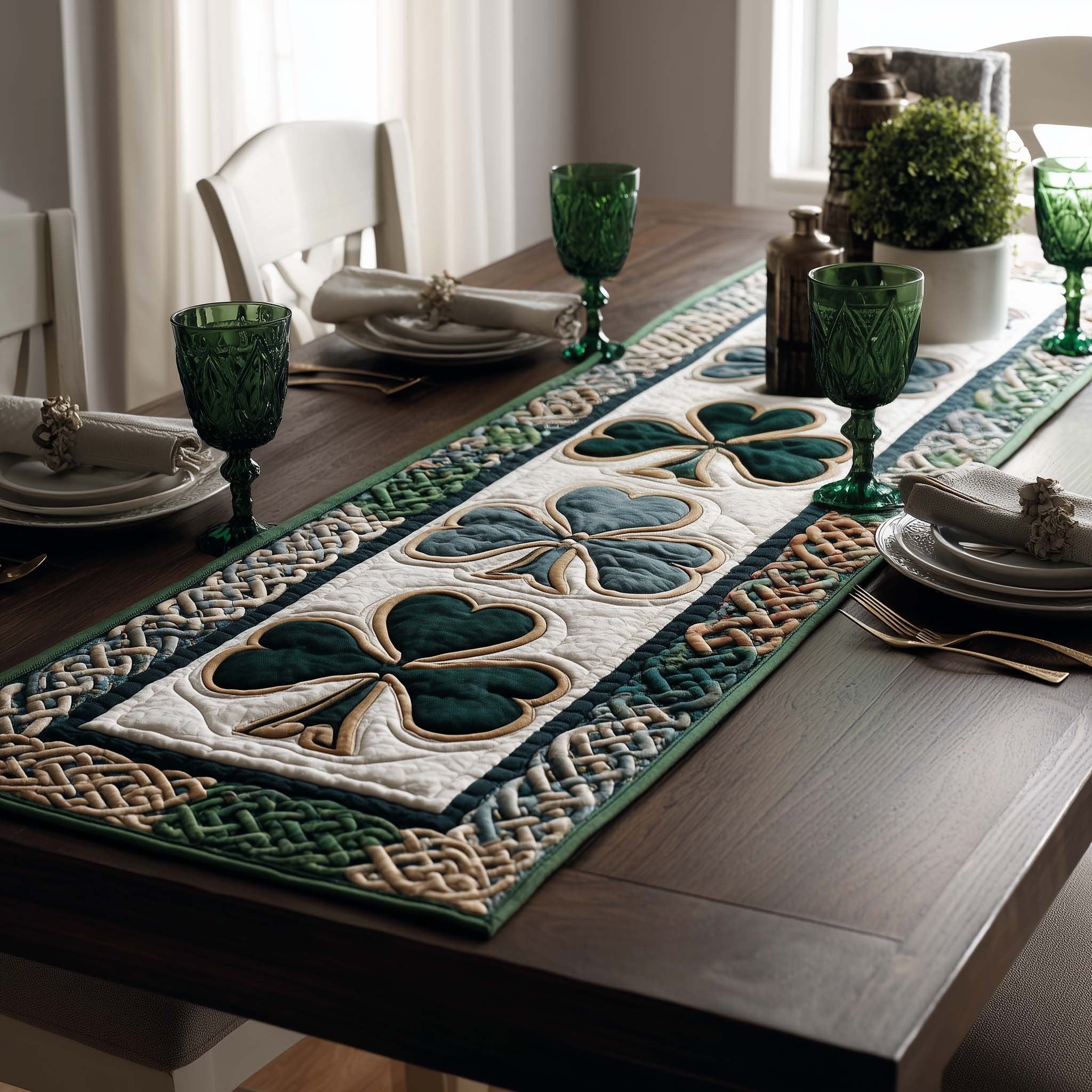 Green Shamrocks with Celtic Trim Table Runner