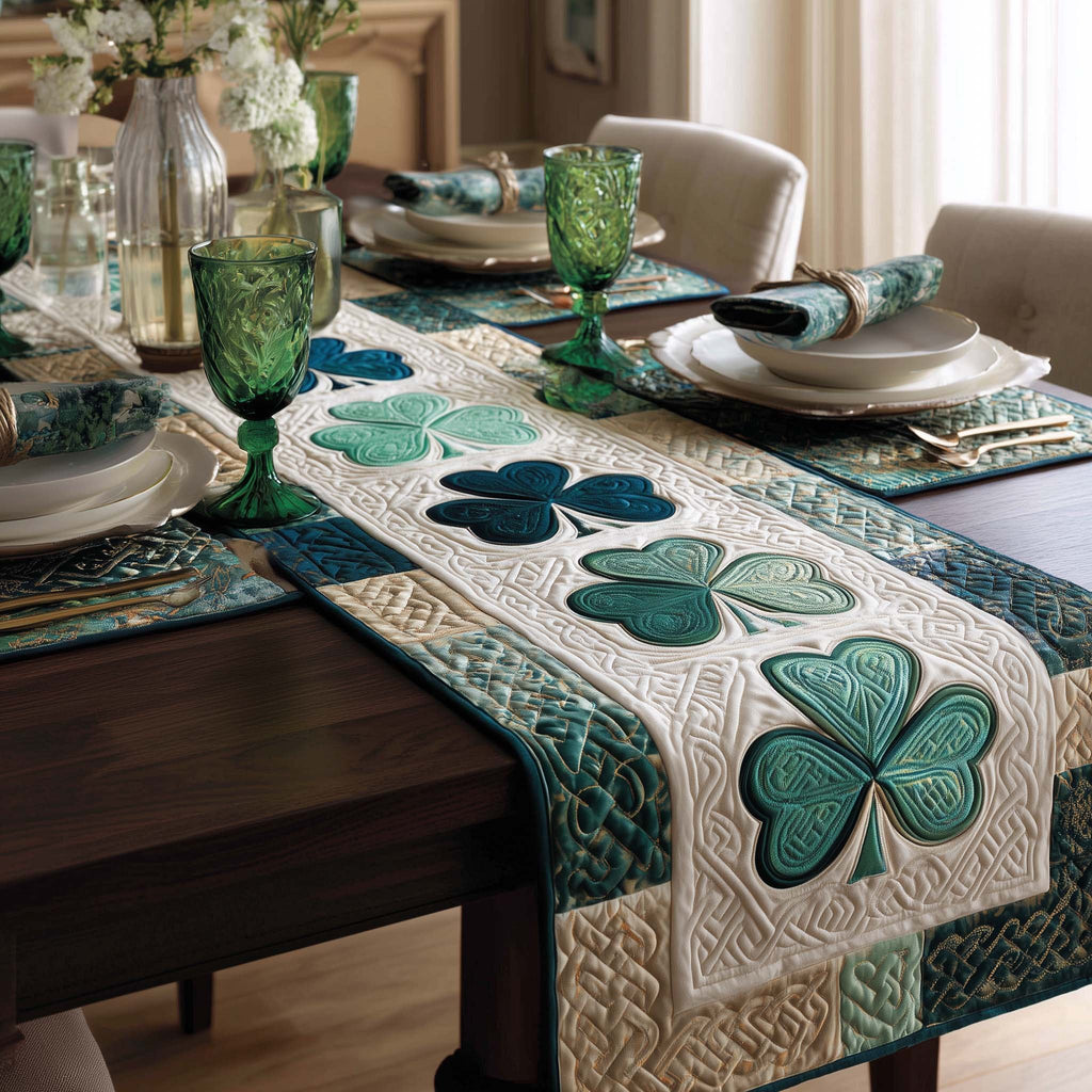Teal Shamrocks on Cream Center Table Runner