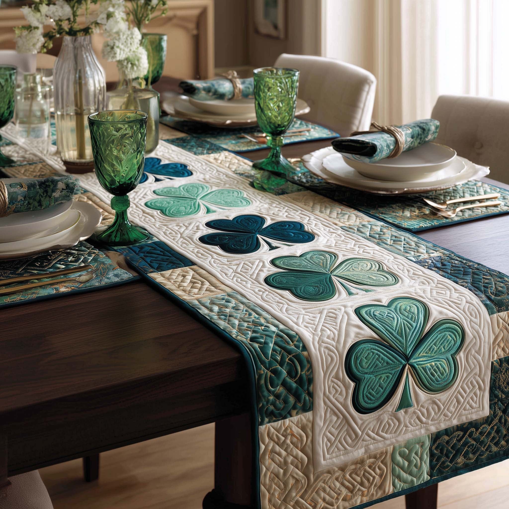Teal Shamrocks on Cream Center Table Runner