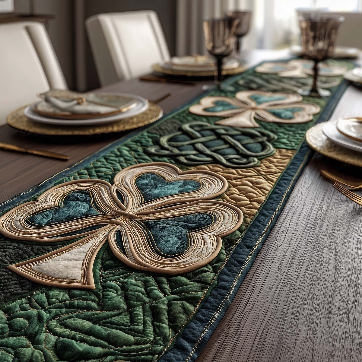 Quilled Shamrock on Green Panel Table Runner