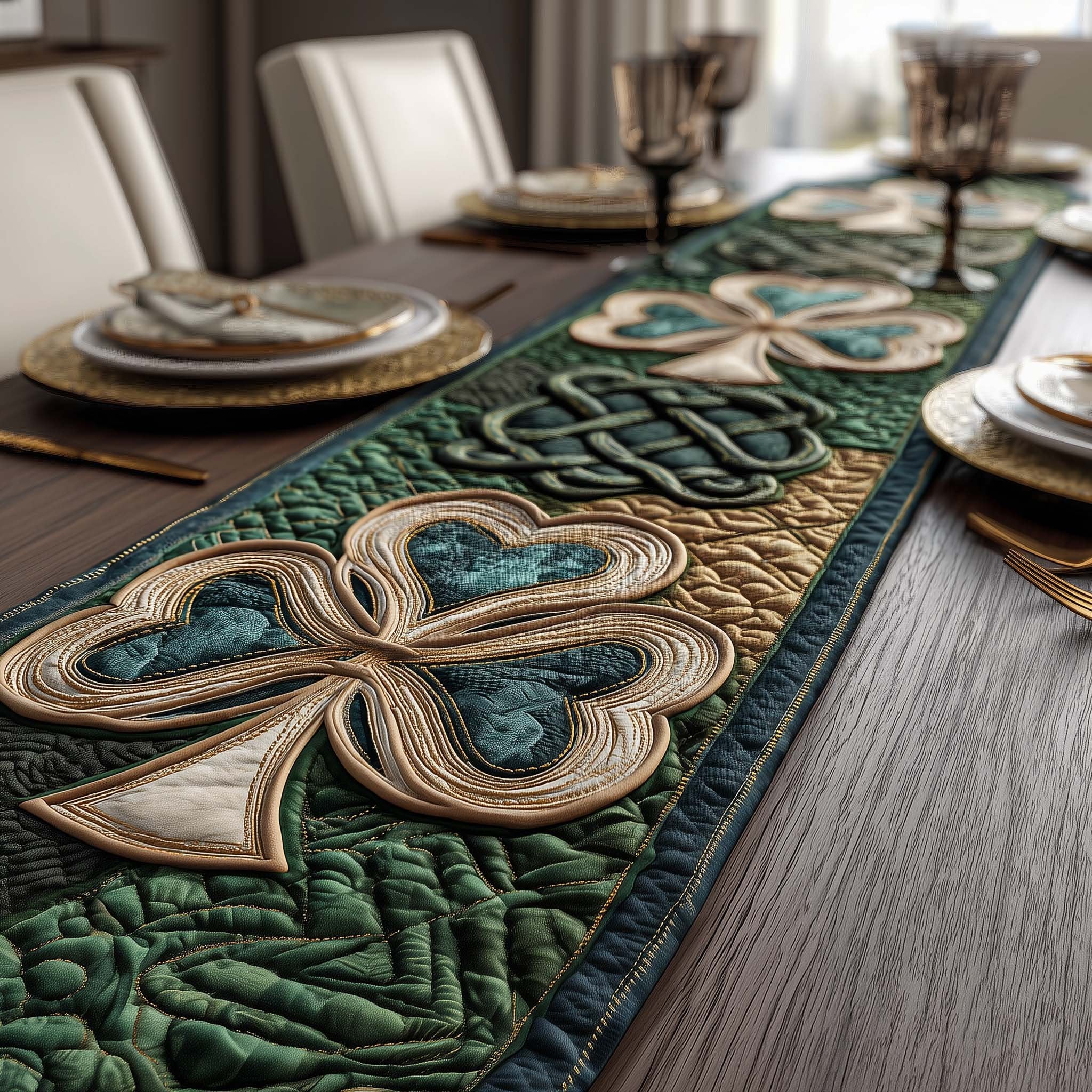 Quilled Shamrock on Green Panel Table Runner